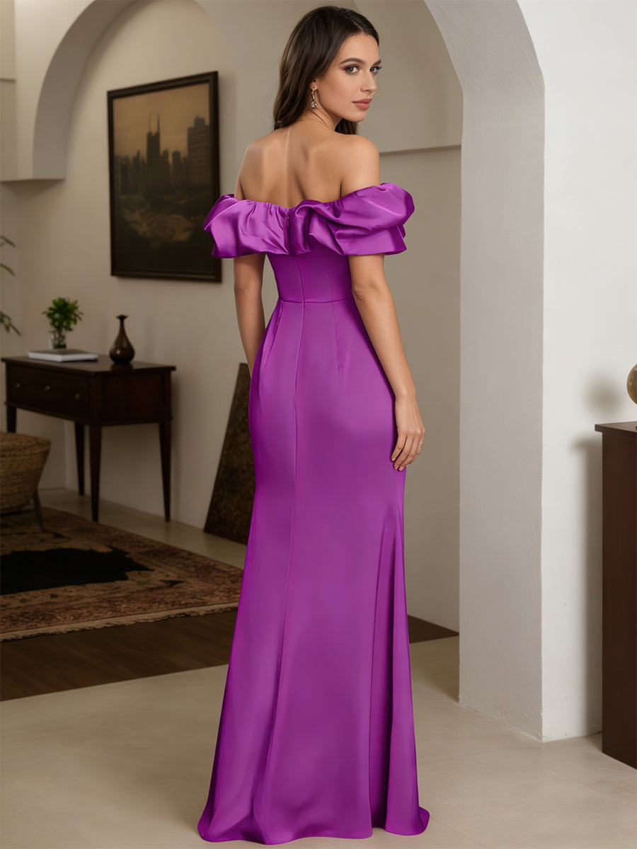 Cicinia ORCHIDEE Robe de Soirée Longue en Satin Extensible Fourreau Épaules Dénudées Longueur Sol