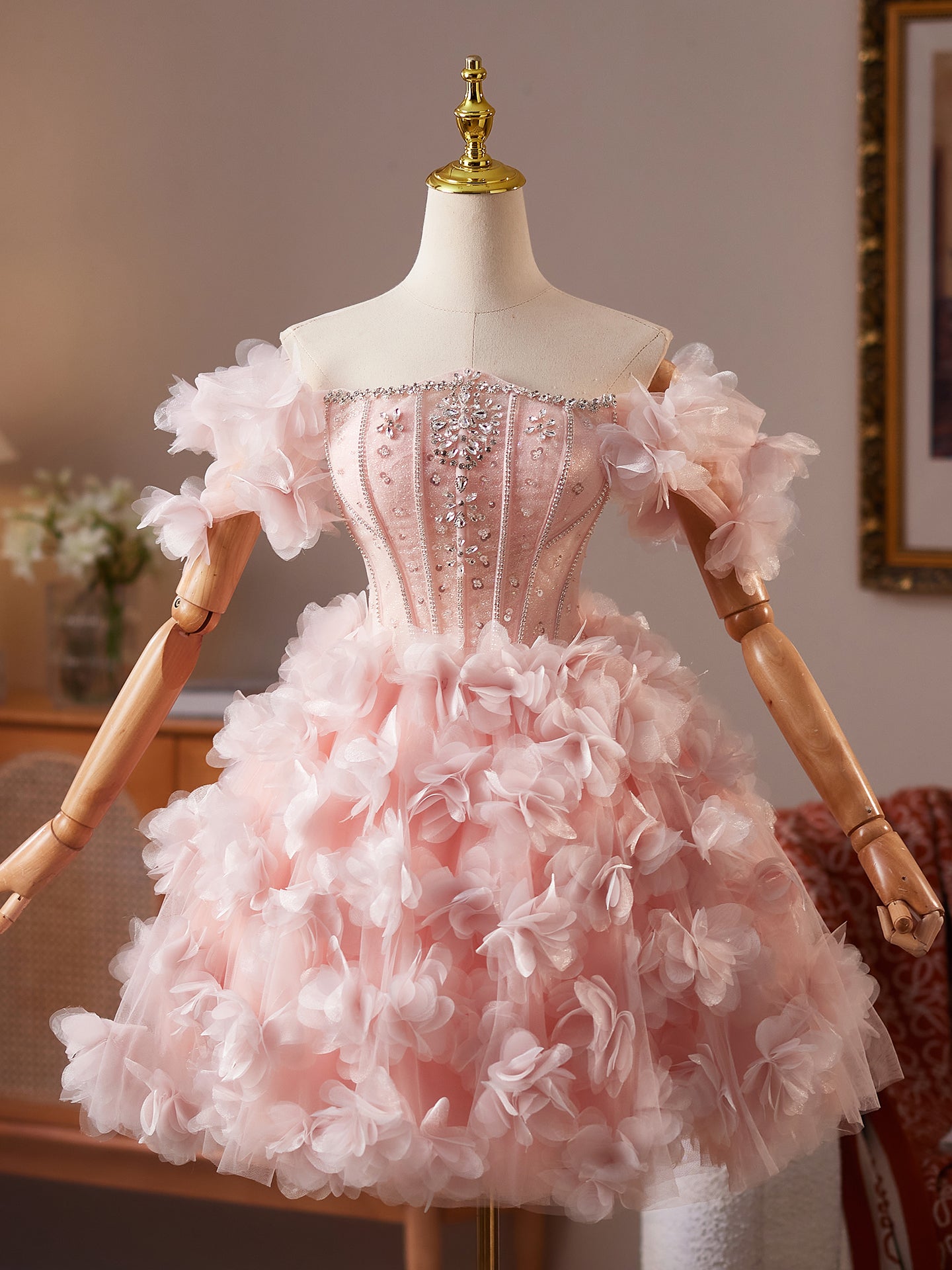 Robe de Bal Princesse Rose Épaules Dénudées Robe Boule à Cristaux pour Homecoming