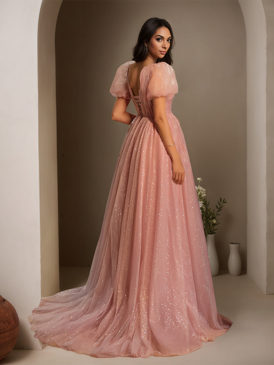 Cicinia Rose Poussiéreux Robe de Soirée Longue en Tulle Scintillant A-Line Manches Bouffantes Col V