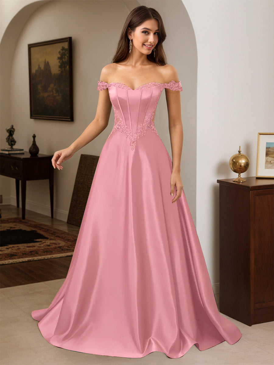 Cicinia Robe de Soirée Flamante Longue A-Line Appliqués Dentelle Épaules Dénudées