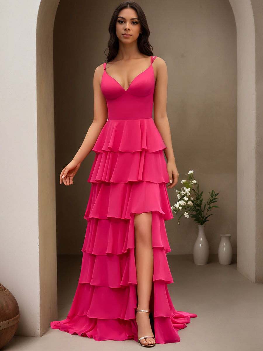 Cicinia Fuchsia Robe de Soirée Longue en Mousseline A-Line Bretelles Spaghetti Fente à Volants Longueur Sol