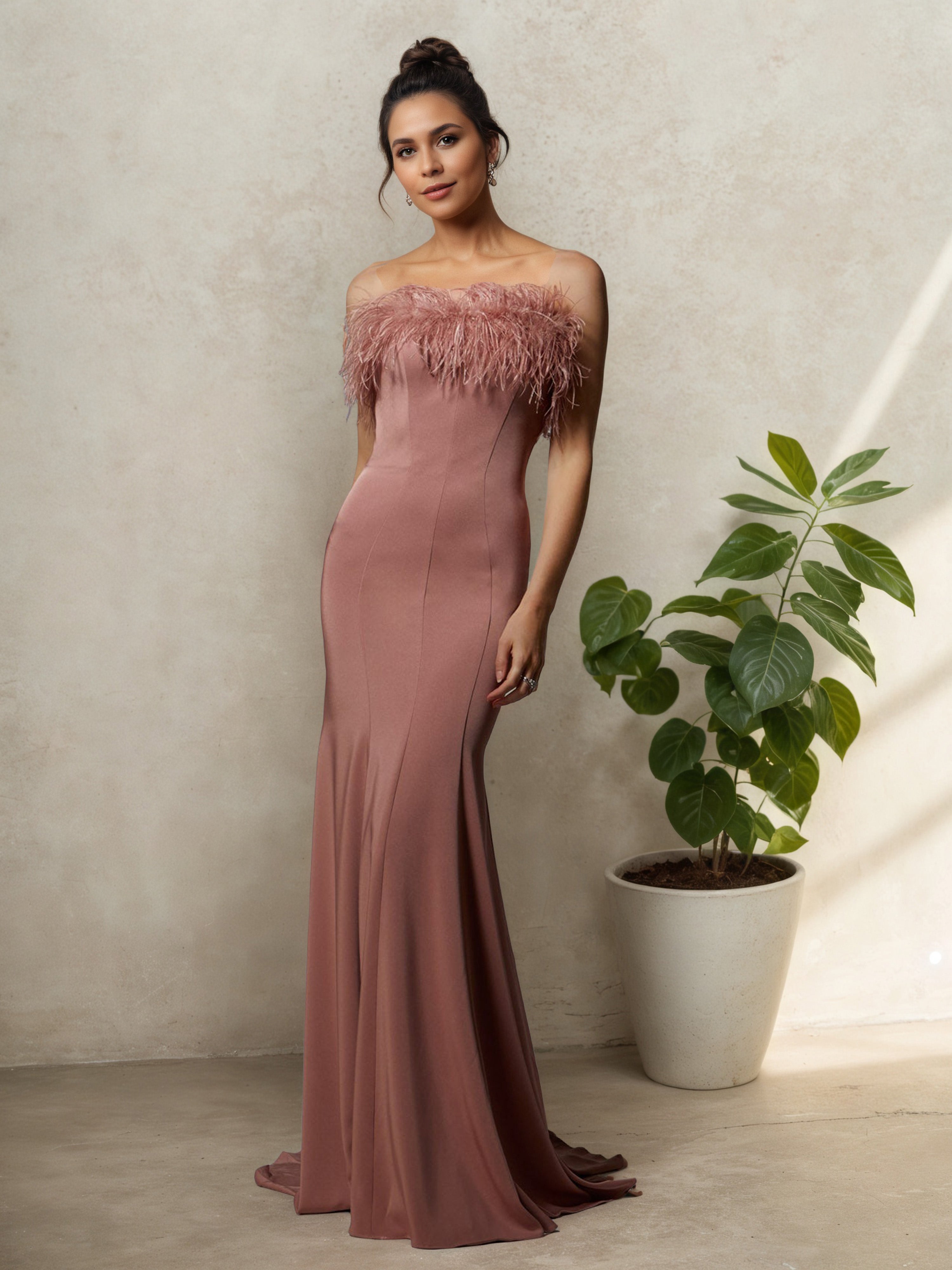 Robe Mère de la Mariée Caméo_Marron Sans Bretelles à Illusion Traîne Balayage Sophistiquée