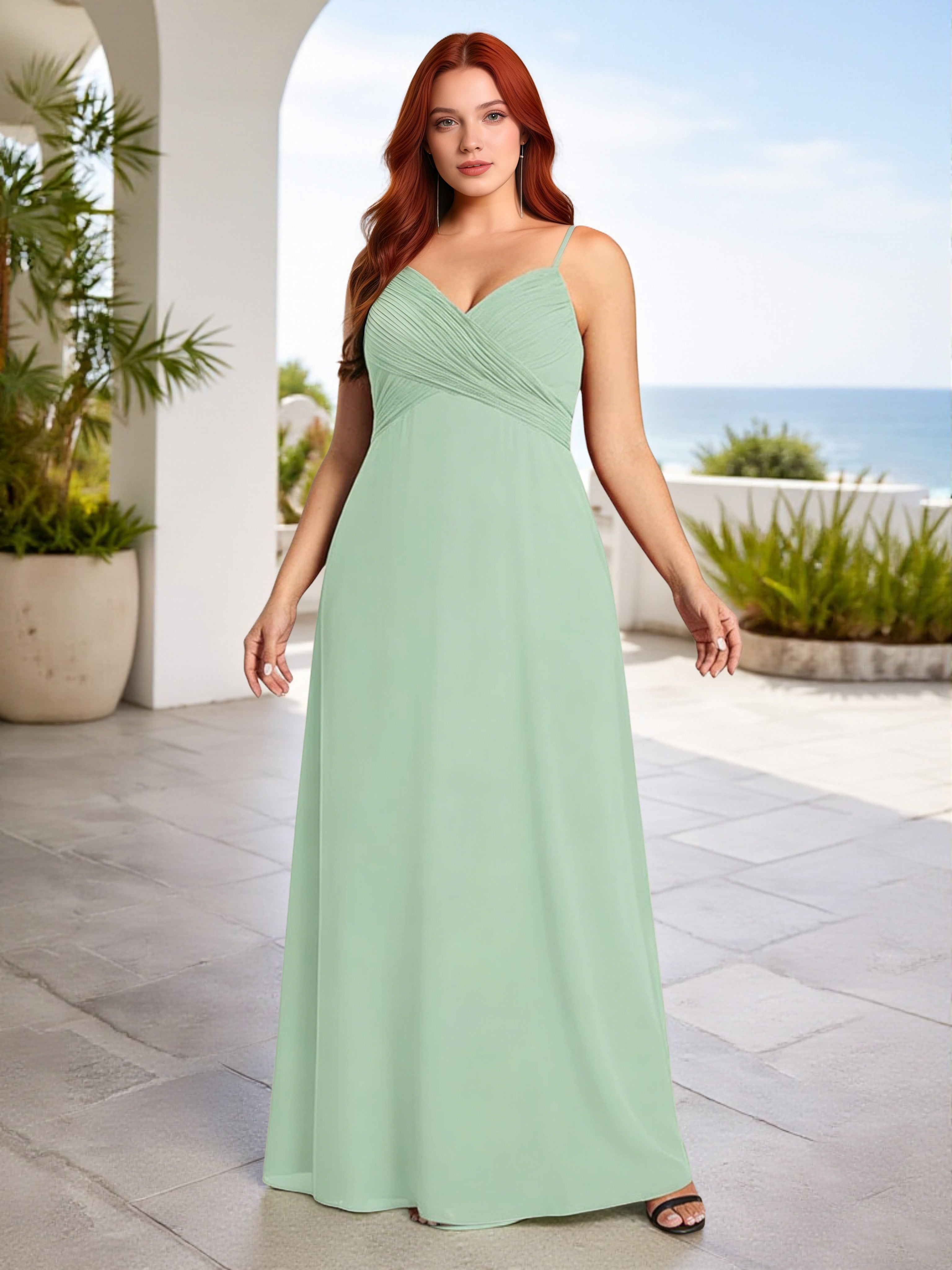 Cicinia Robe Demoiselle d’Honneur Sauge Poudrée Longue Décolleté Cœur Bretelles Drapé Dos Longueur Sol Grande Taille