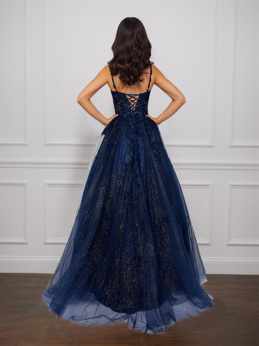 Cicinia Bleu Marine Foncé Robe de Soirée Longue en Tulle Scintillant A-Line Bretelles Spaghetti avec Traîne