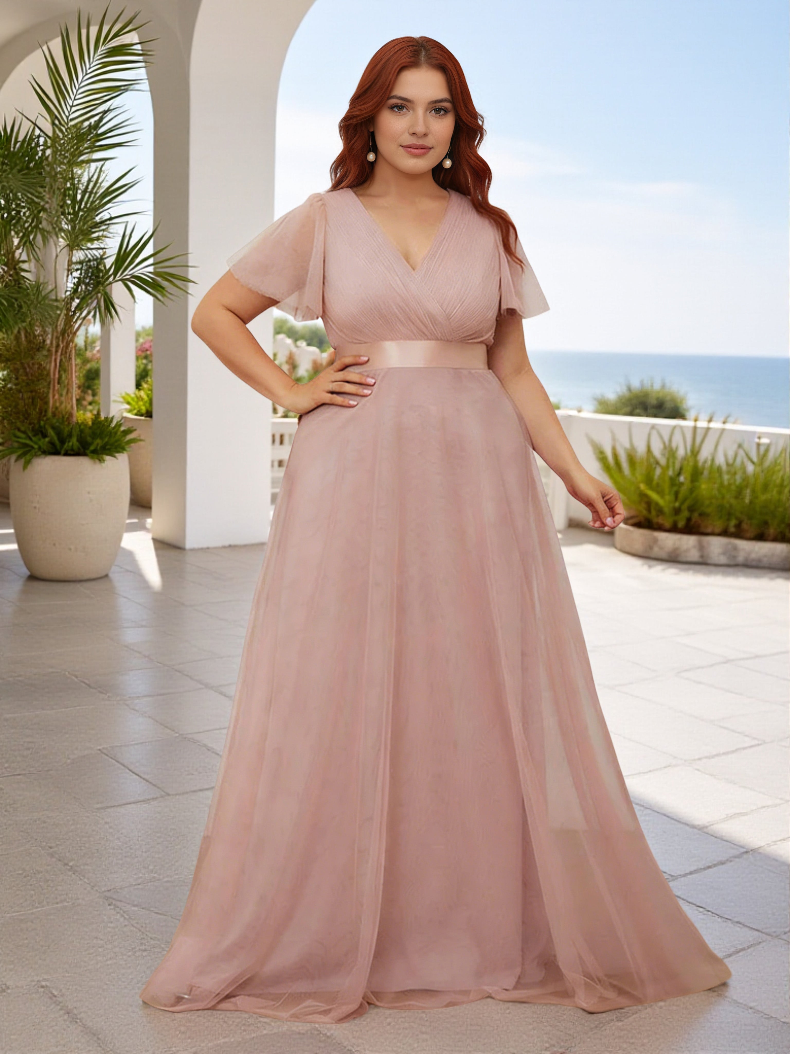 Cicinia Robe Demoiselle d’Honneur Rose Poudrée Longue Double Décolleté en V Manches Courtes Grande Taille