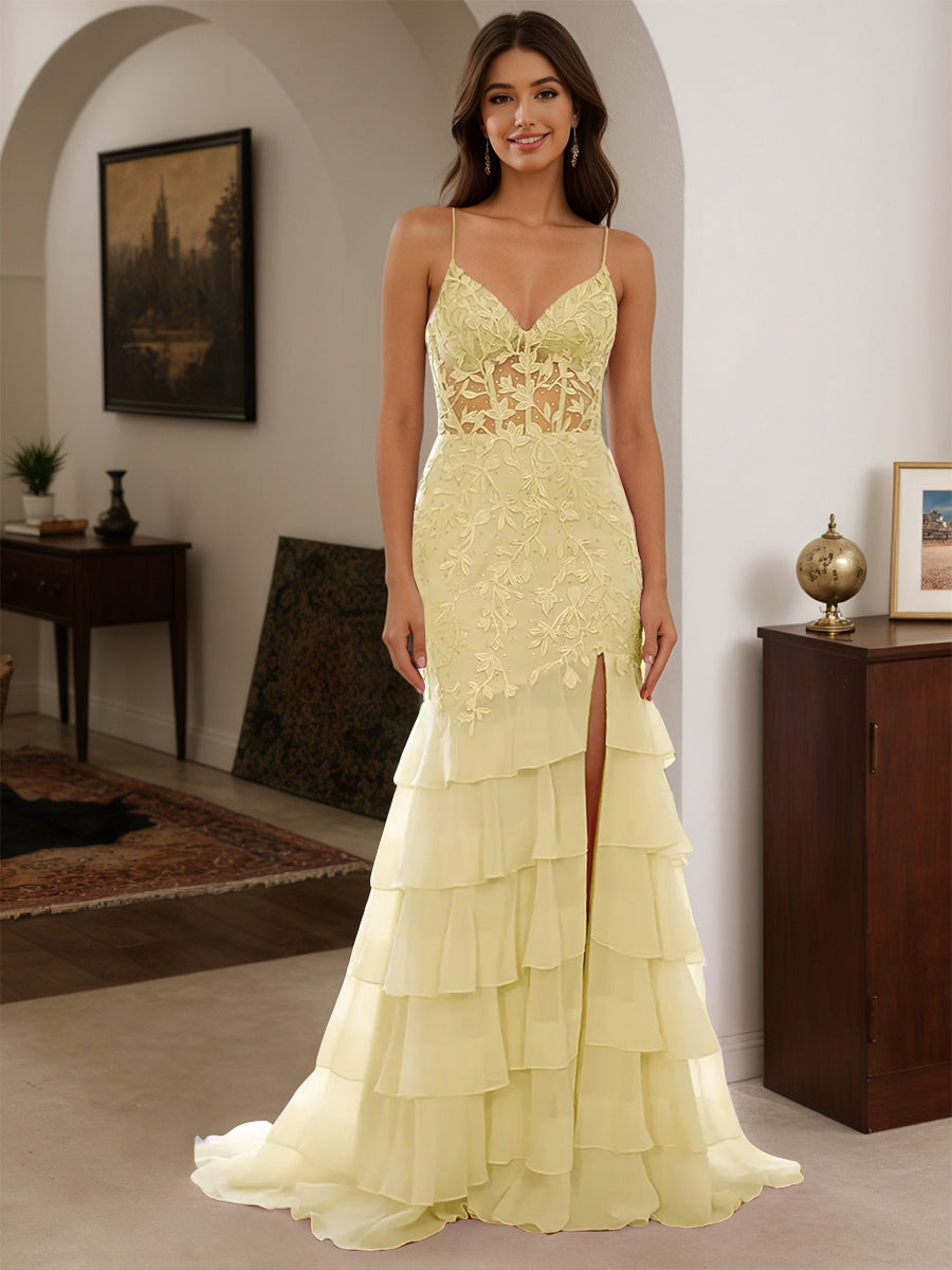 Cicinia Robe de Soirée JONQUILLE Longue Fourreau en Mousseline Appliqués Dentelle à Volants à Bretelles Spaghetti