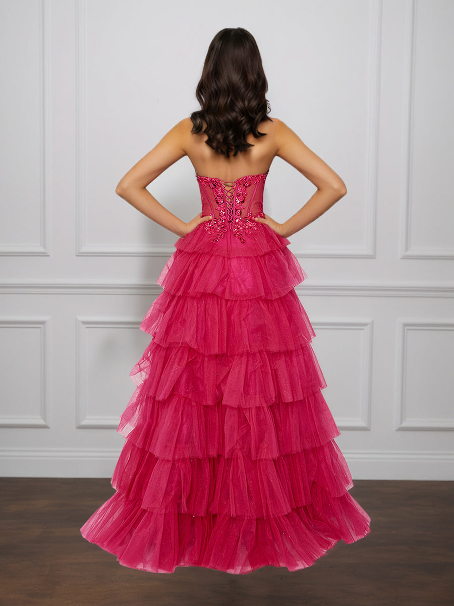 Cicinia Fuchsia Robe de Soirée Longue en Tulle A-Line sans Manches Fente à Volants