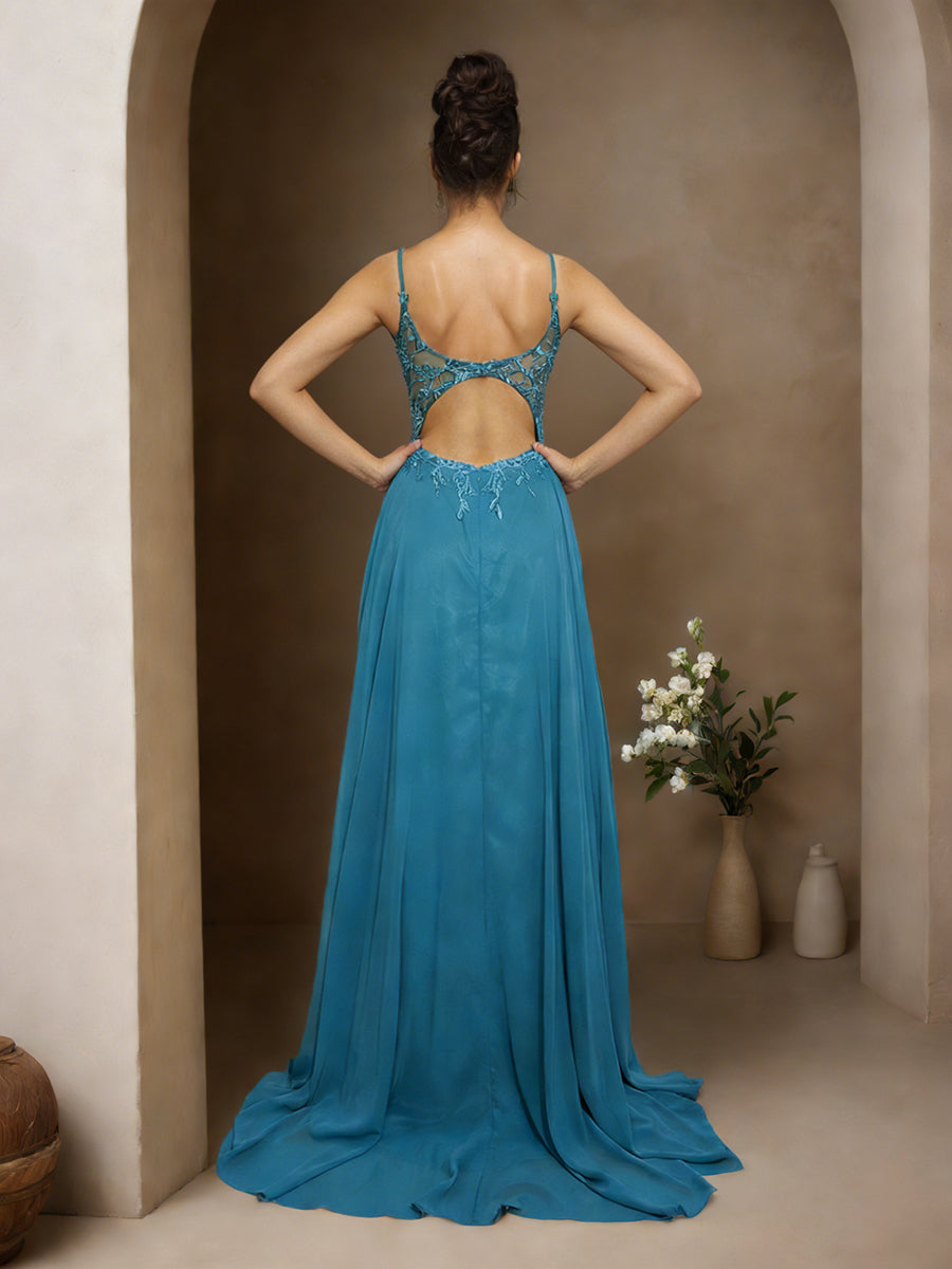 Cicinia BLEU ENCRE Robe de Soirée Longue en Mousseline Appliqués Dentelle A-Line Traîne Balayée