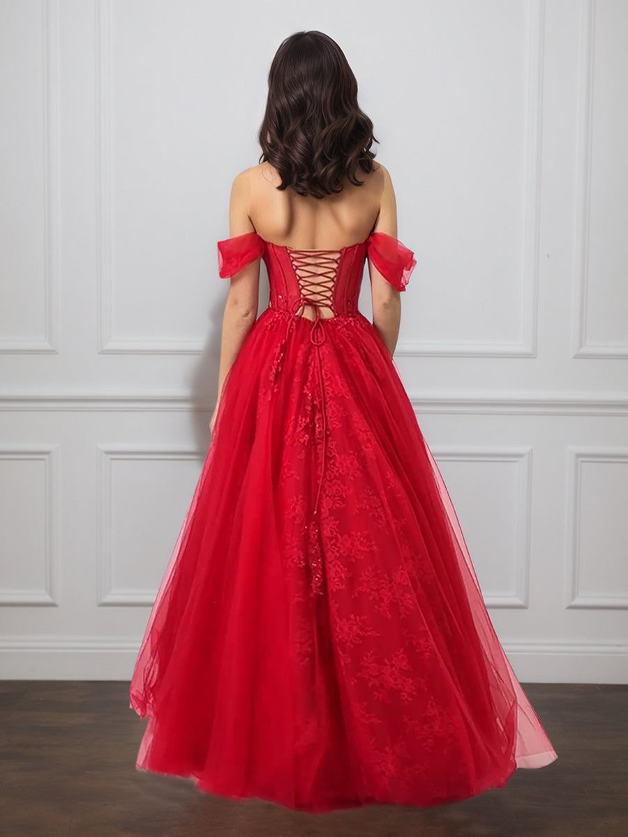 Cicinia Rouge Robe de Soirée Longue en Tulle A-Line Décolleté Une Épaule Longueur Sol
