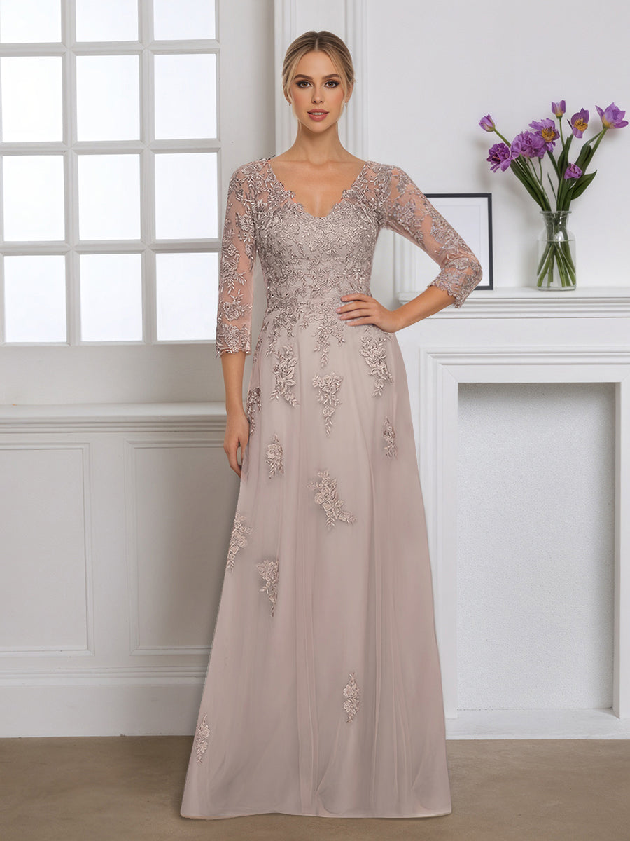Cicinia Robe pour Mère de la Mariée Taupe Longue en Tulle Appliqués Dentelle Décolleté en V Manches Trois-Quarts