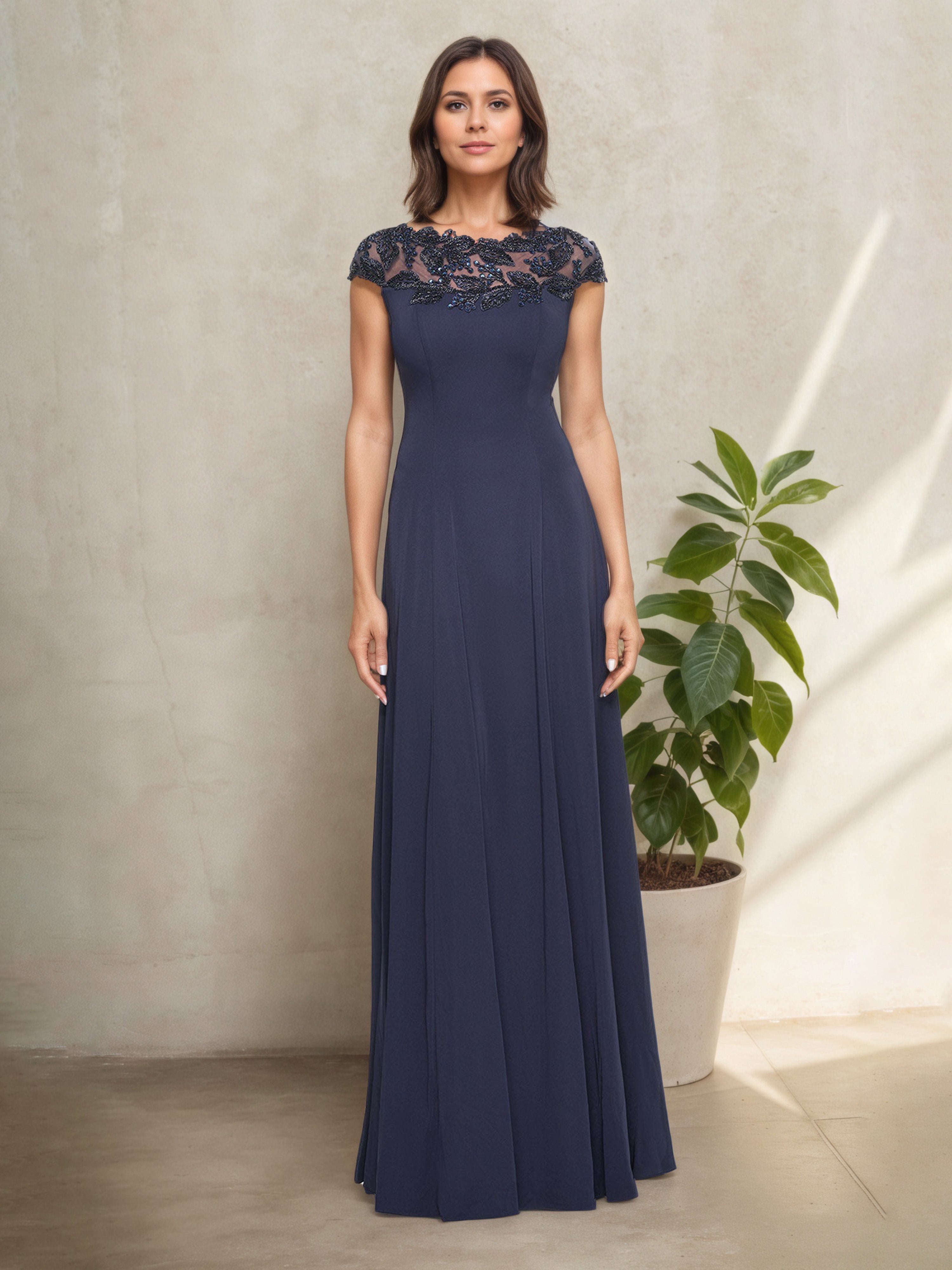 Robe Mère de la Mariée Bleu Marine Trapèze Encolure Ronde à Manches Ballon