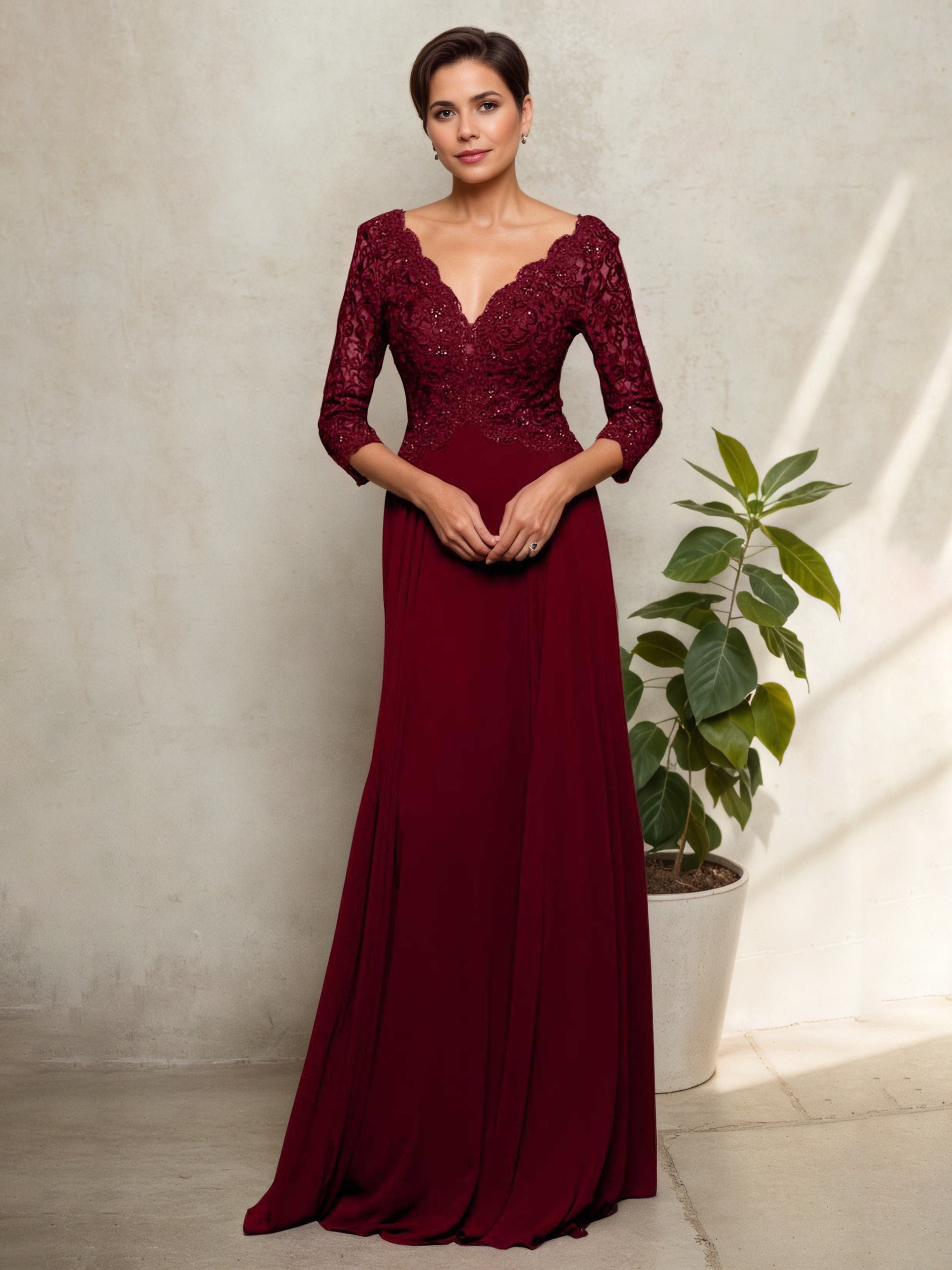 Robe Mère de la Mariée BORDEAUX Corsage en Dentelle à Décolleté en V avec Manches 3/4
