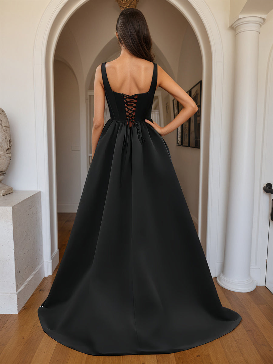 Cicinia Robe de Soirée Noir Longue A-Line en Satin Décolleté Carré Ravissante