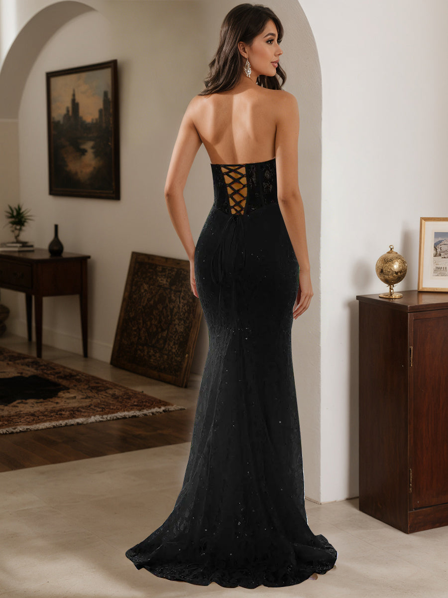Cicinia Robe de Soirée Noir Longue Fourreau en Dentelle sans Bretelles avec Traîne Balayée