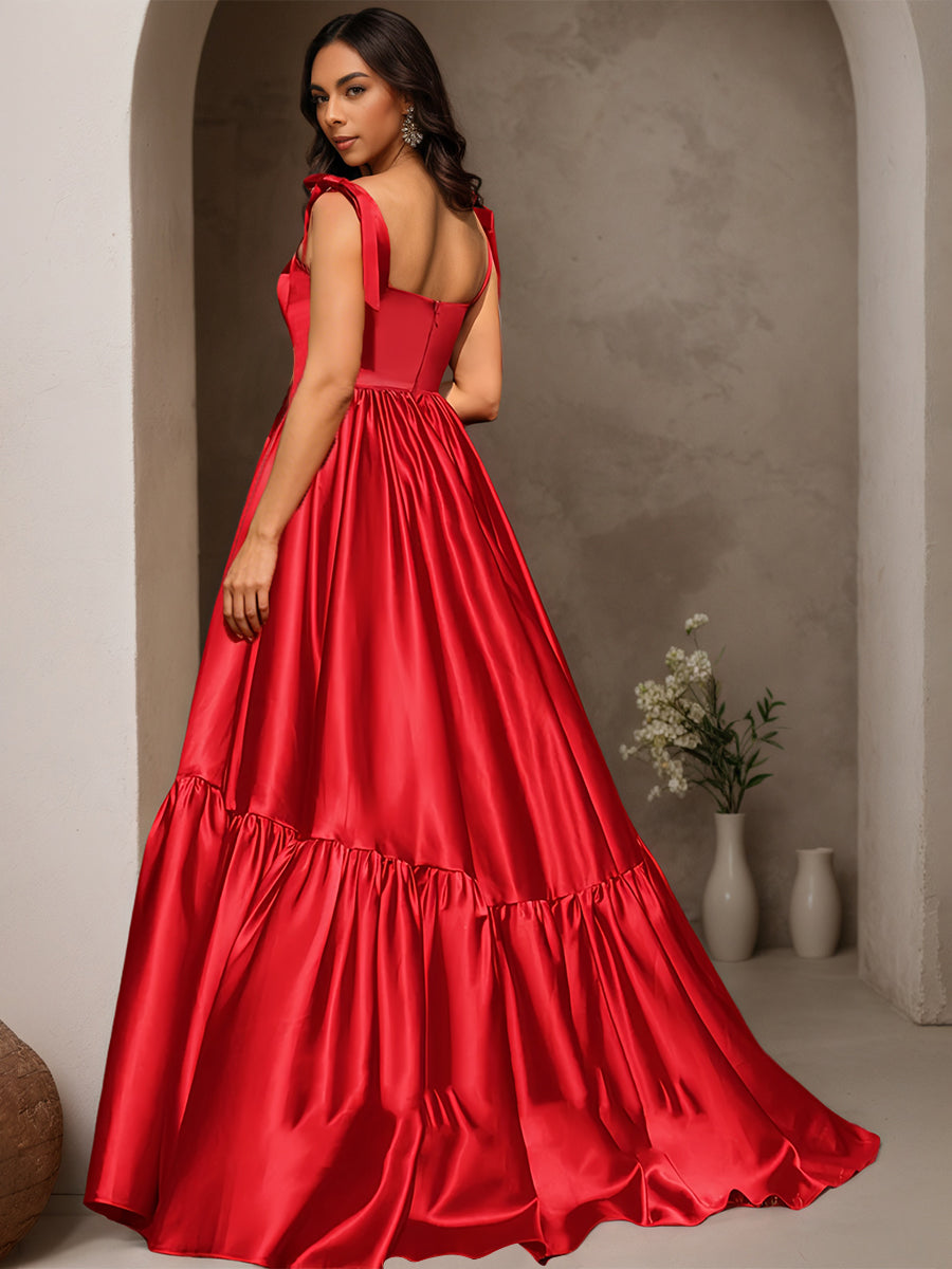 Cicinia Rouge Robe de Soirée Longue en Satin Doux A-Line Traîne Balayée Décolleté Cœur à Bretelles