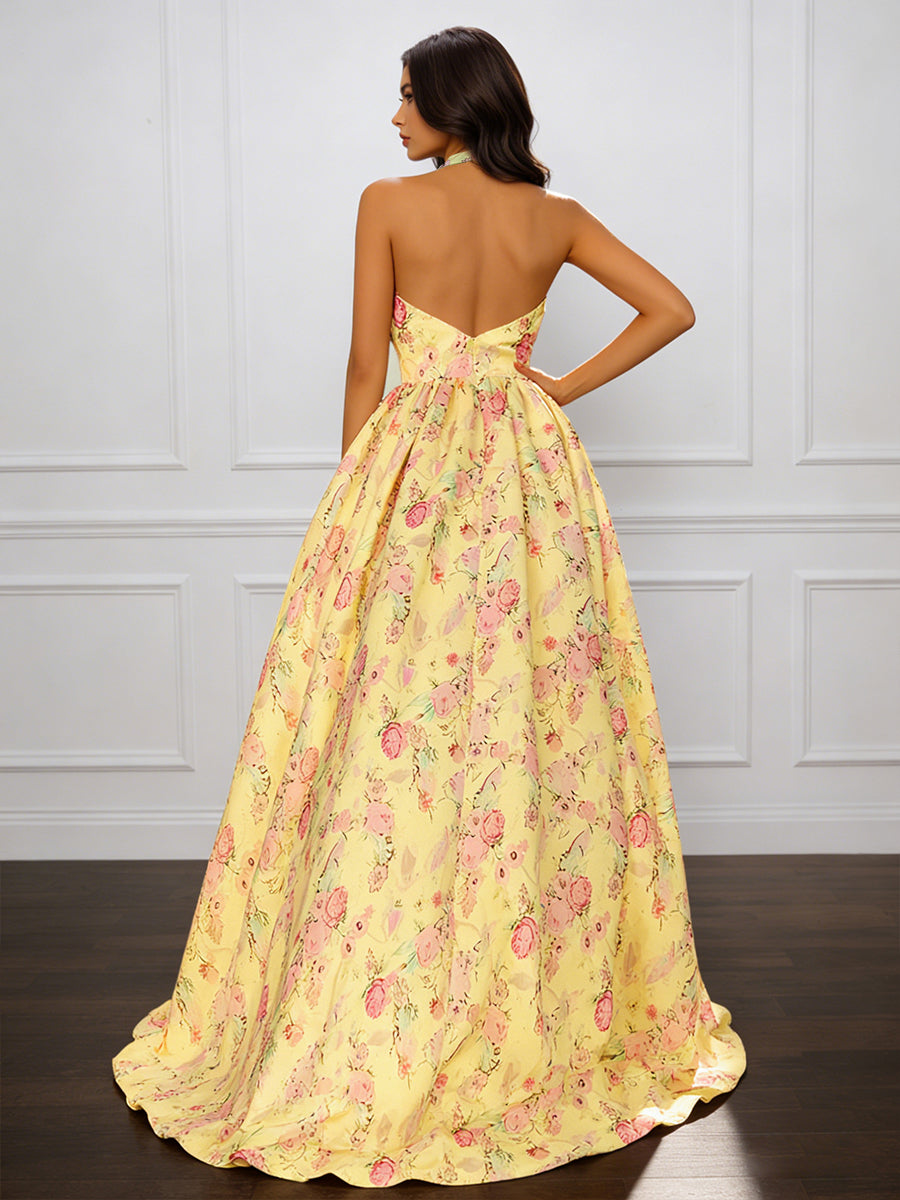 Cicinia Jaune Robe de Soirée Longue en Tissu Imprimé A-Line Décolleté en V Plongeant Dos Nud Halter