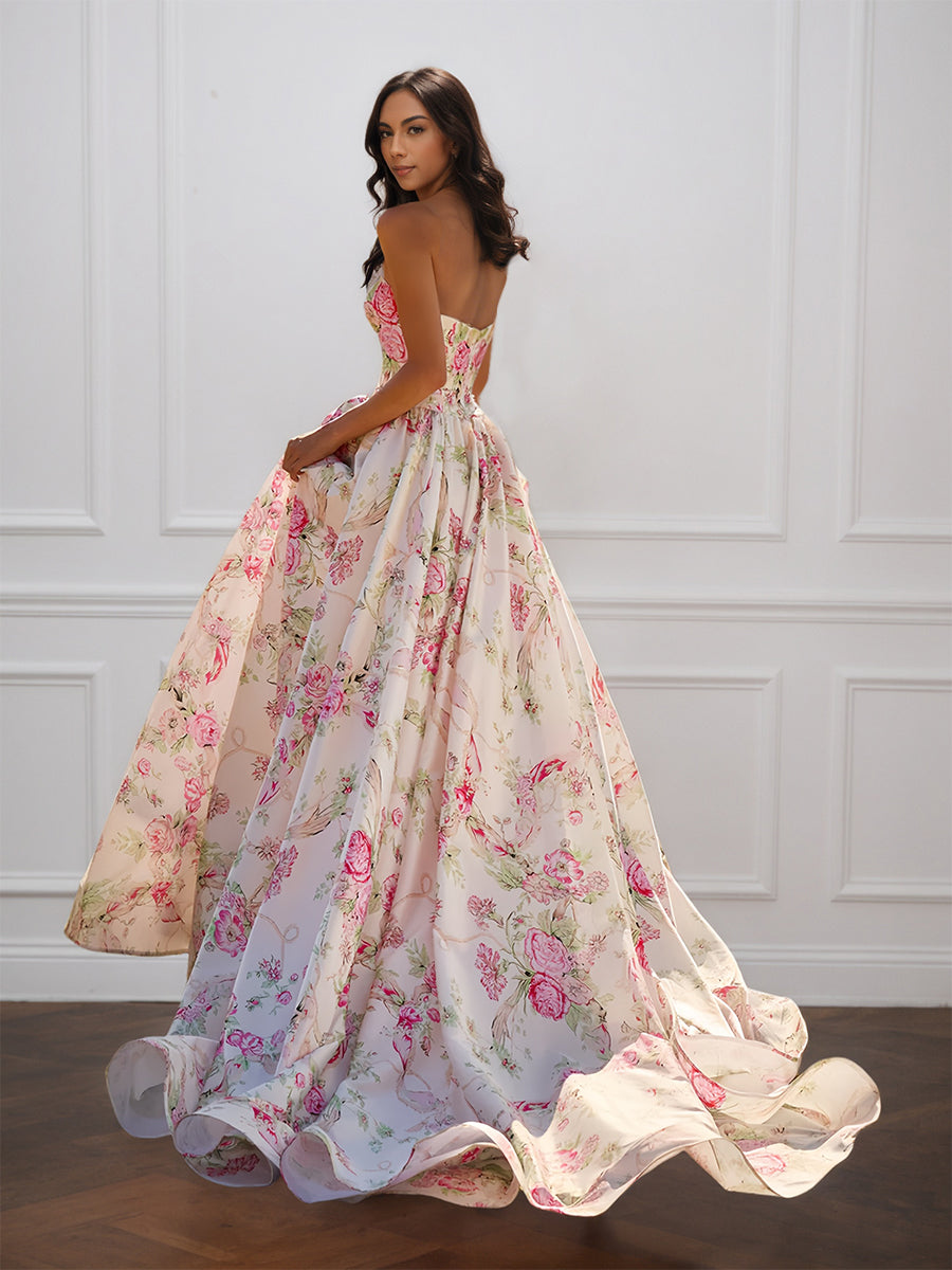 Cicinia Abricot Robe de Soirée Longue en Tissu Imprimé A-Line sans Bretelles avec Traîne