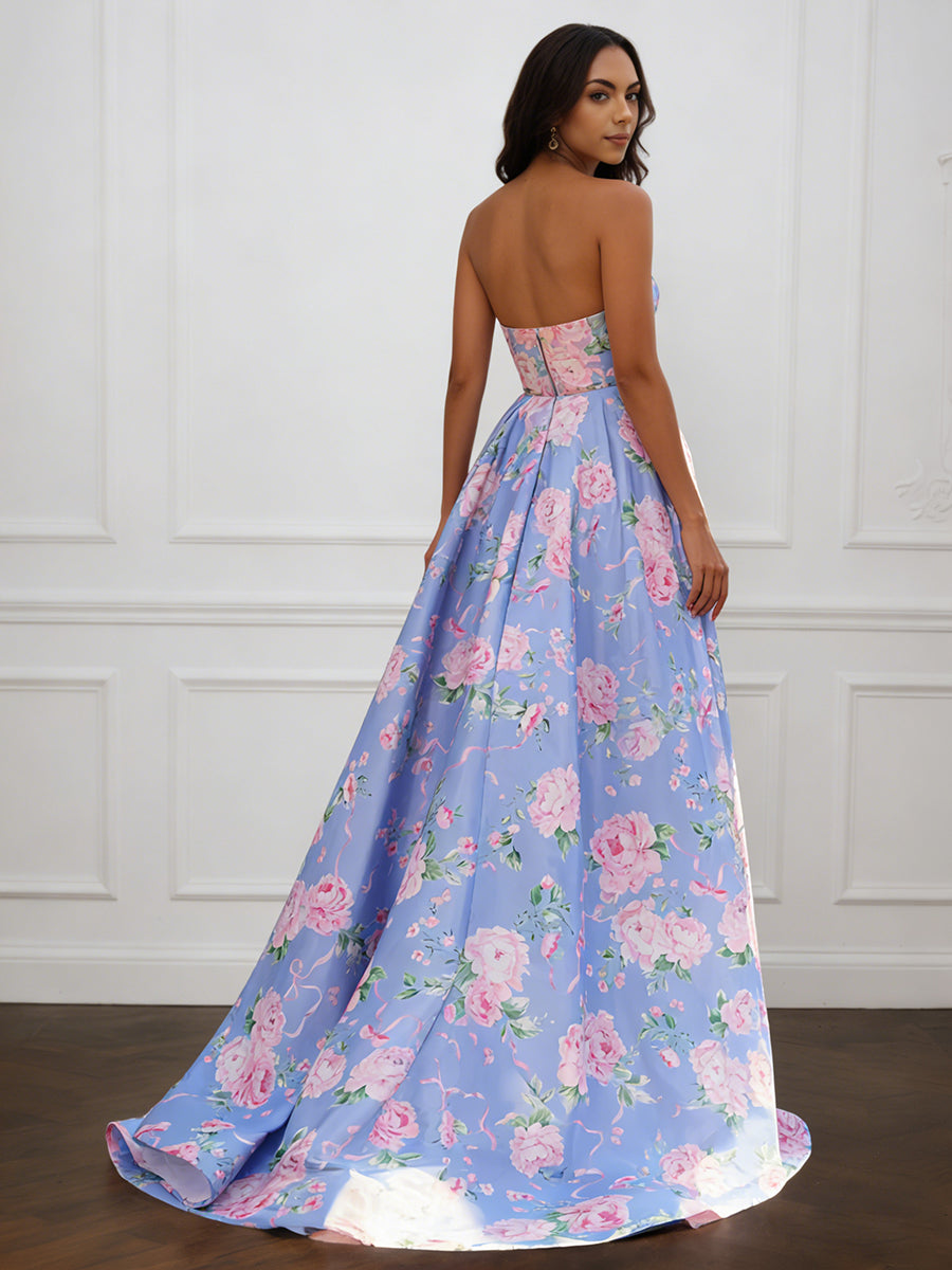 Cicinia Bleu Robe de Soirée Longue en Tissu Imprimé A-Line Fente sans Bretelles Traîne Balayée
