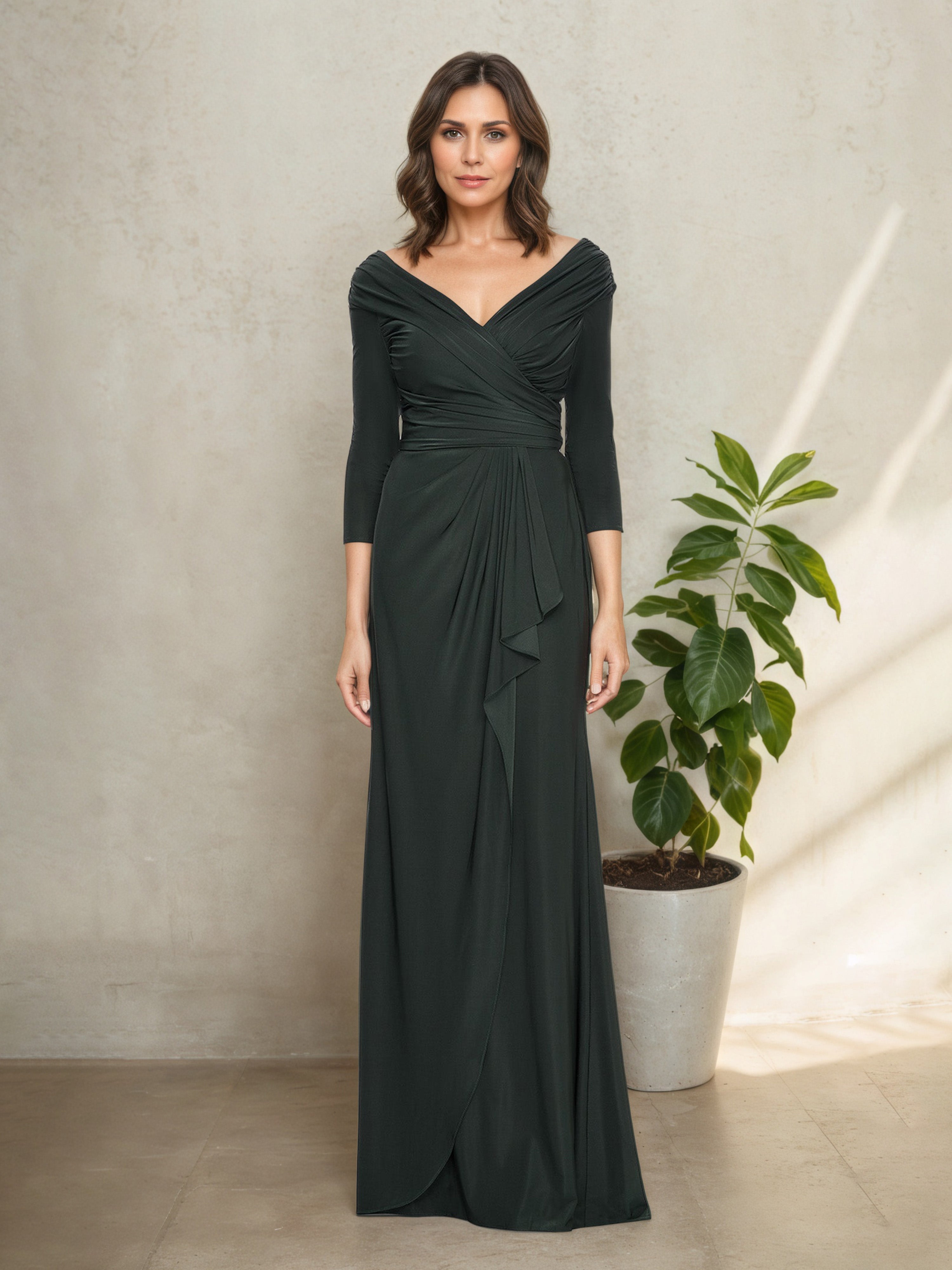 Robe Mère de la Mariée Gunmetal à Plissés Manches 3/4 à Décolleté en V avec Volant Latéral