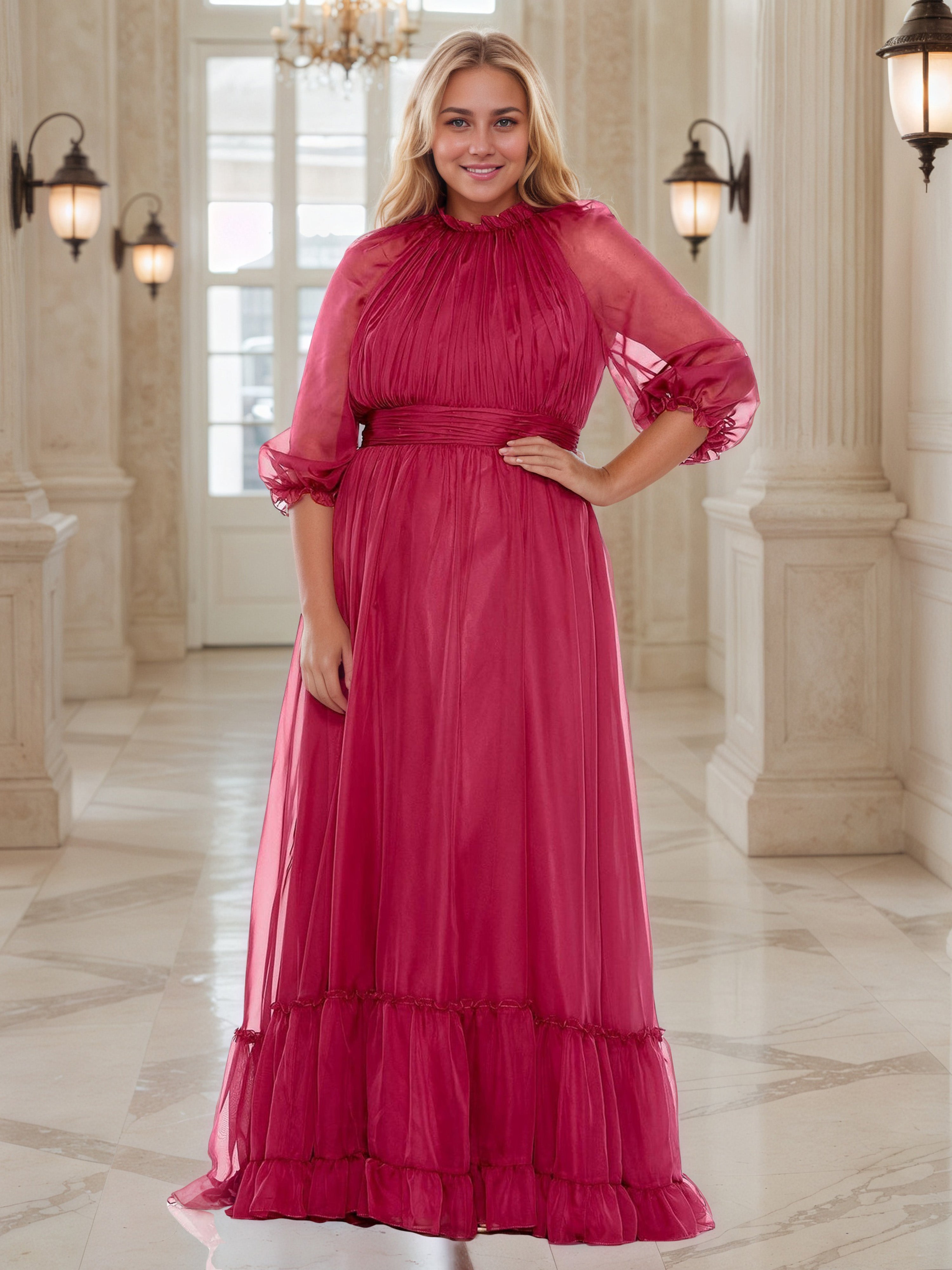 Robe de Bal Fuchsia à Encolure Col Claudine et Manches Illusion Grande Taille Coupe A-Line avec Volants et Plissés