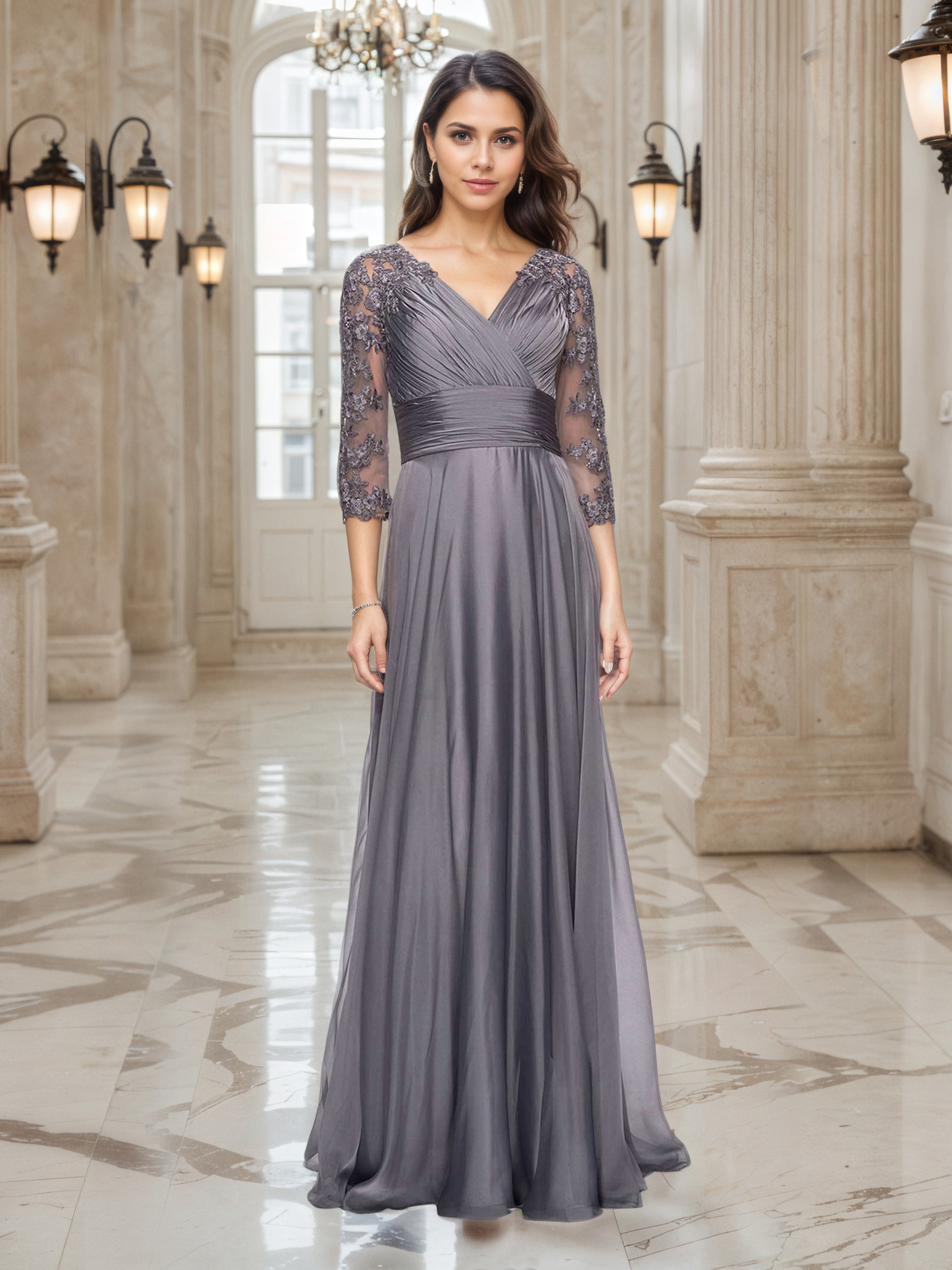 Elégante Robe de Soirée GRIS_ACIER Col V Trapèze à Manches 3/4