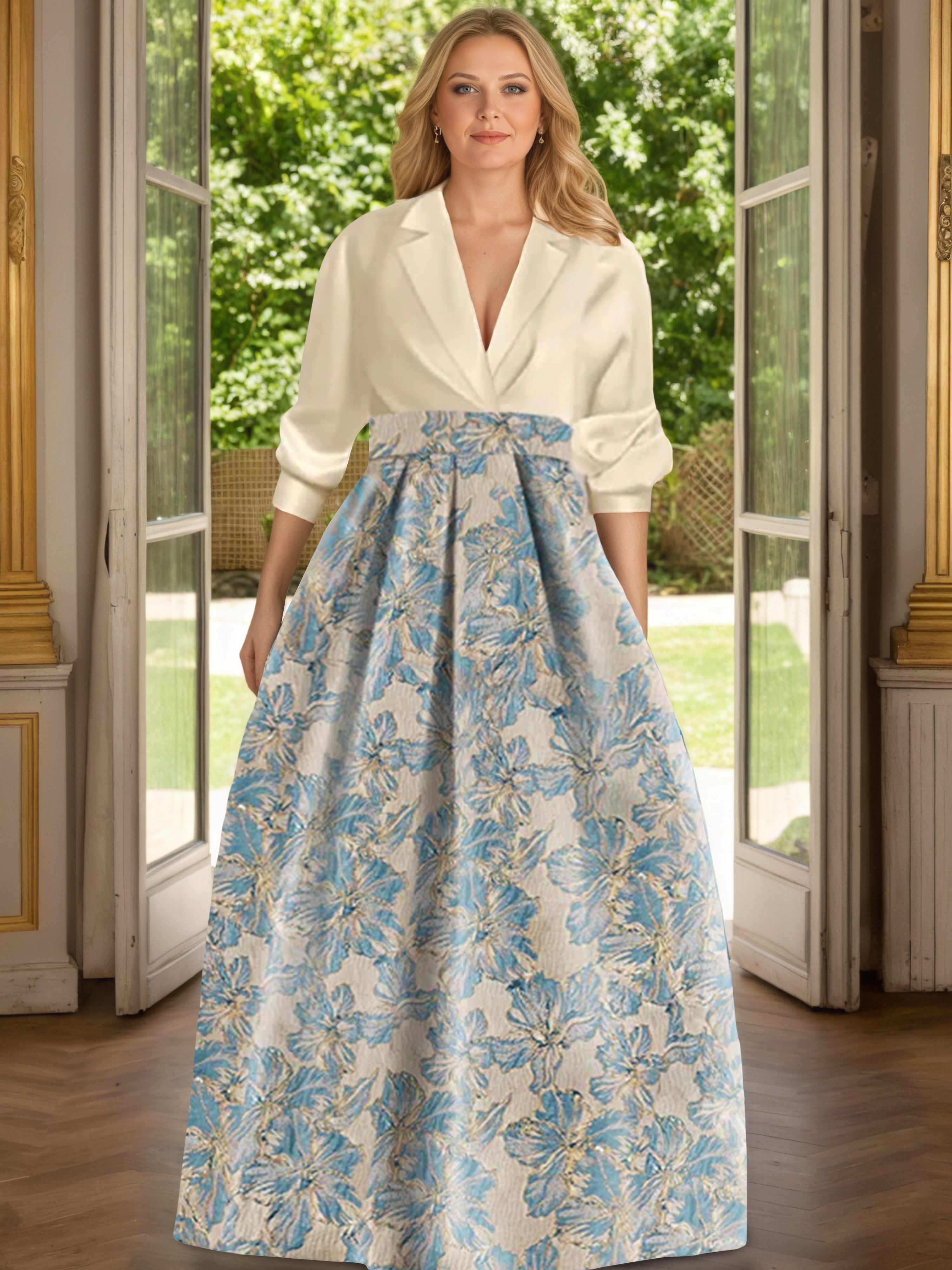 Cicinia Champagne Robe Mère de la Mariée Longue A-Line en Jacquard Gaufré Revers Longueur Sol
