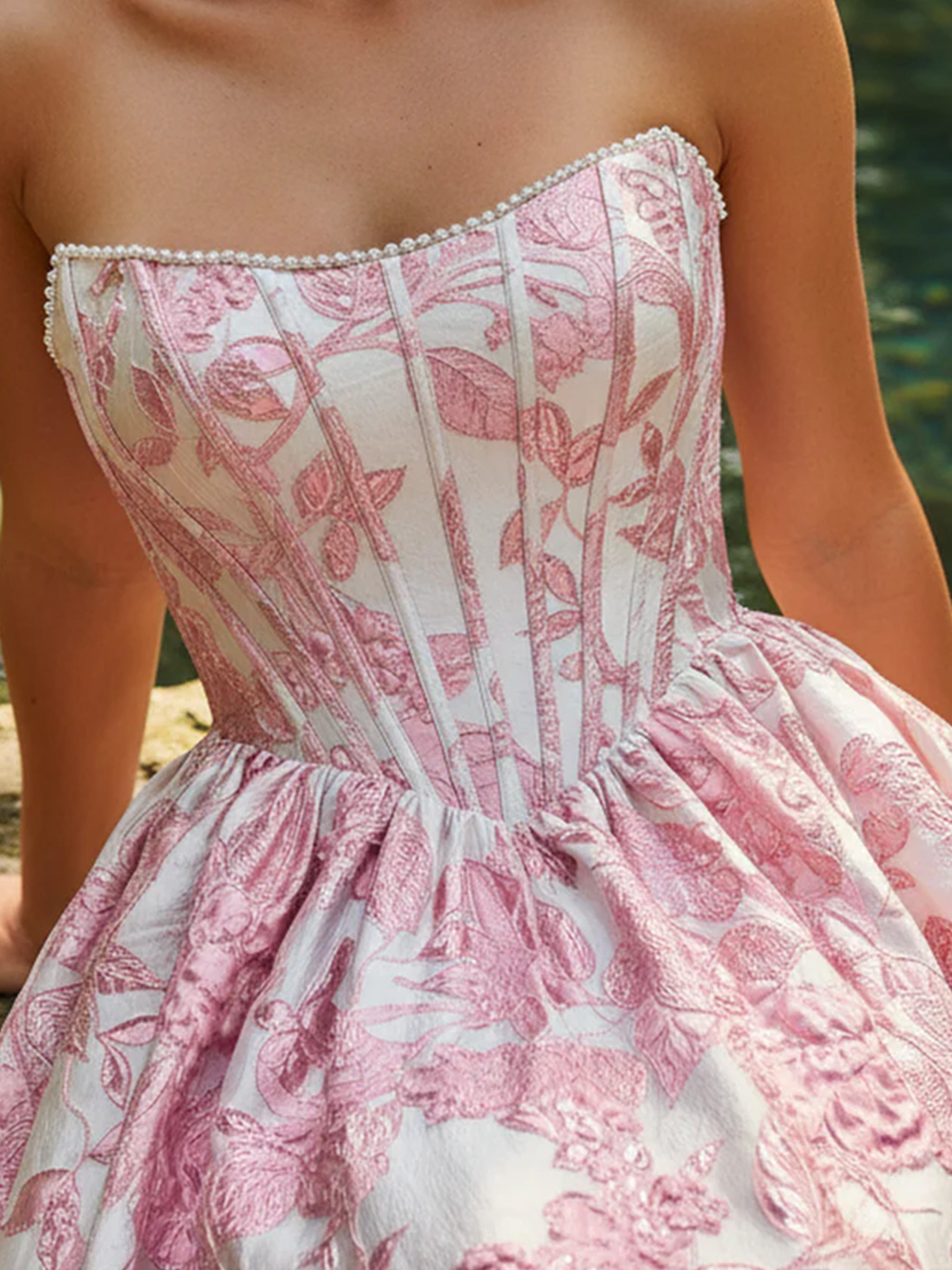 Cicinia Rose Robe de Soirée Longue A-Line en Jacquard Gaufré sans Bretelles Magnifique