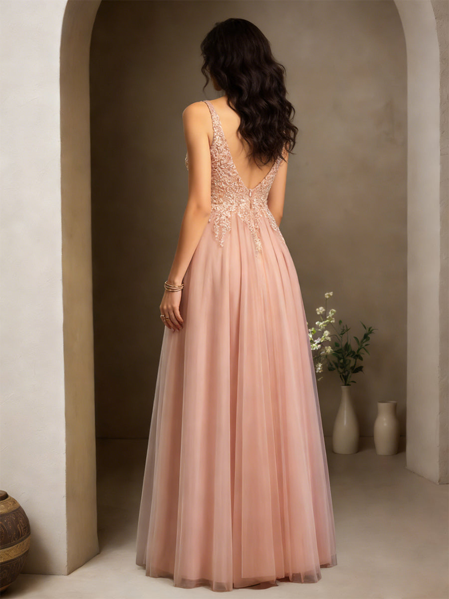 Cicinia Rose Poussiéreux Robe de Soirée Longue en Tulle Appliqués Dentelle A-Line Longueur Sol Dos Nud