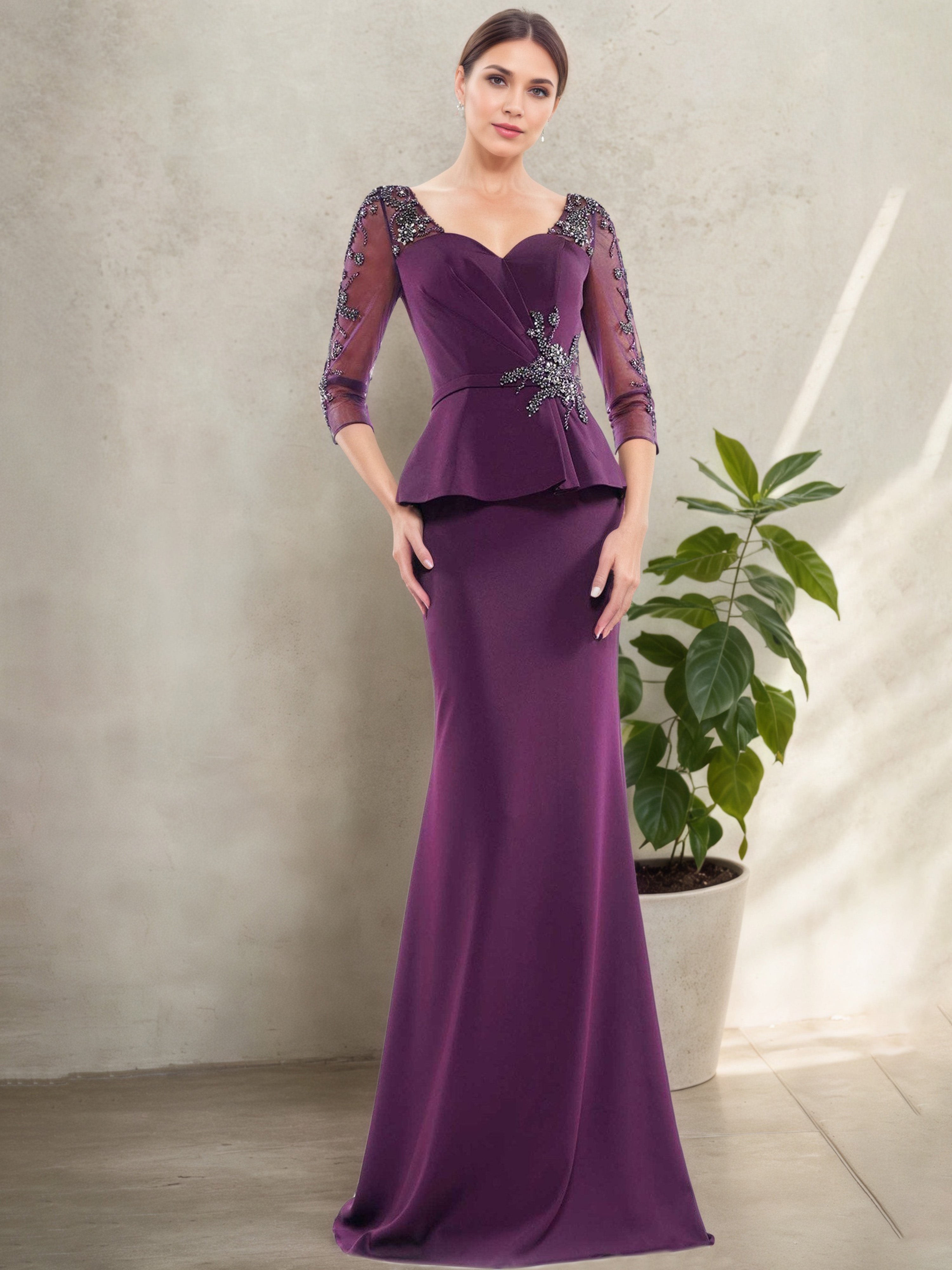 Robe Mère de la Mariée RAISIN Trompette Bodycon à Manches Longues avec Overlay Sophistiqué