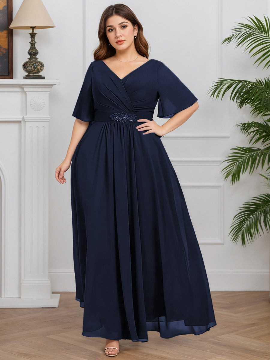 Cicinia Bleu Marine Foncé Robe pour Mère de la Mariée Longue en Mousseline A-Line Décolleté en V Manches Demi-longues Grande Taille