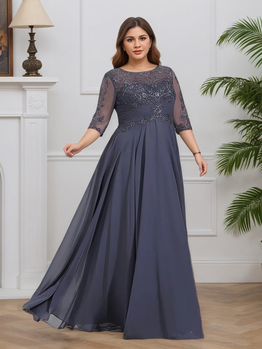 Cicinia ORAGEUX Robe pour Mère de la Mariée Longue en Mousseline et Dentelle A-Line Manches Demi-longues Grande Taille