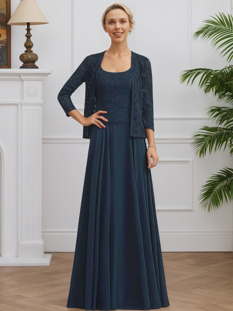 Cicinia Bleu Marine Robe avec Veste pour Mère de la Mariée Longue en Mousseline et Dentelle A-Line Longueur Sol