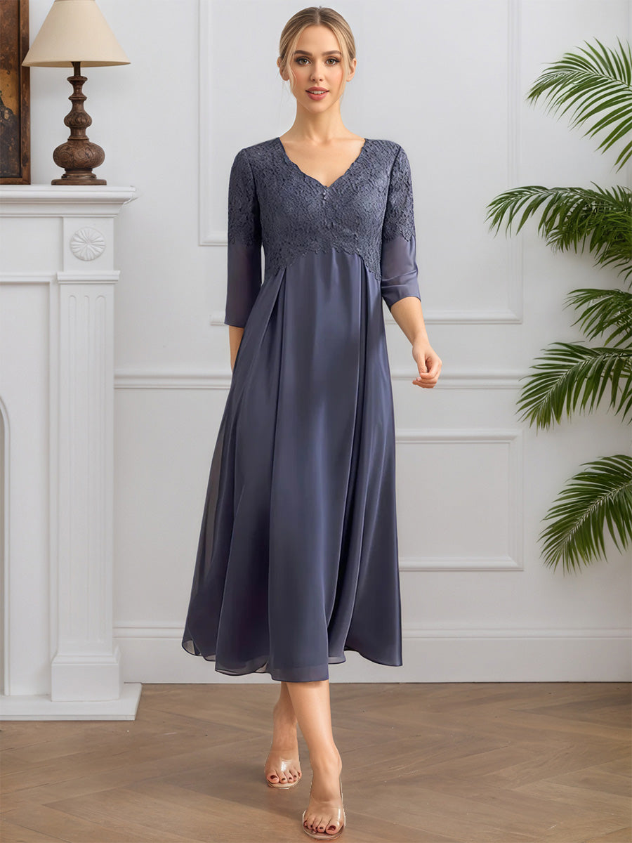 Cicinia Tempête Robe pour Mère de la Mariée Longue en Mousseline et Dentelle A-Line Décolleté en V Longueur Midi (Thé)