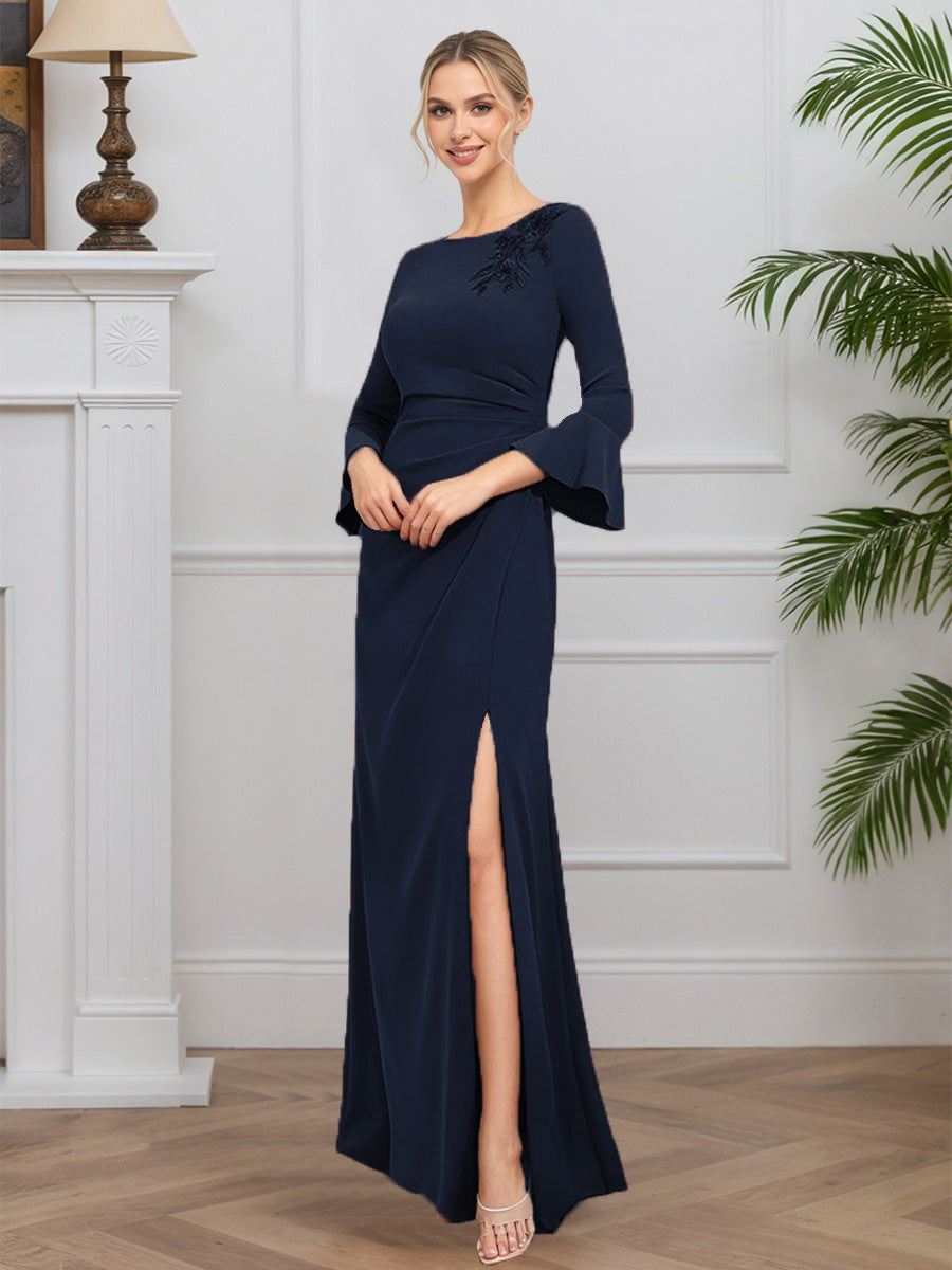 Cicinia Bleu Marine Foncé Robe pour Mère de la Mariée Longue en Tissu Extensible Fourreau Traîne Balayée