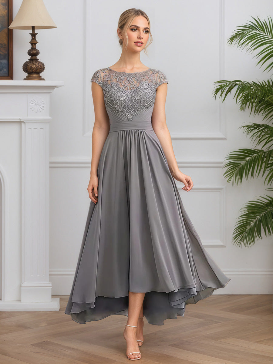 Cicinia Gris Robe pour Mère de la Mariée Longue en Mousseline et Dentelle A-Line Fermeture Dos à Glissière