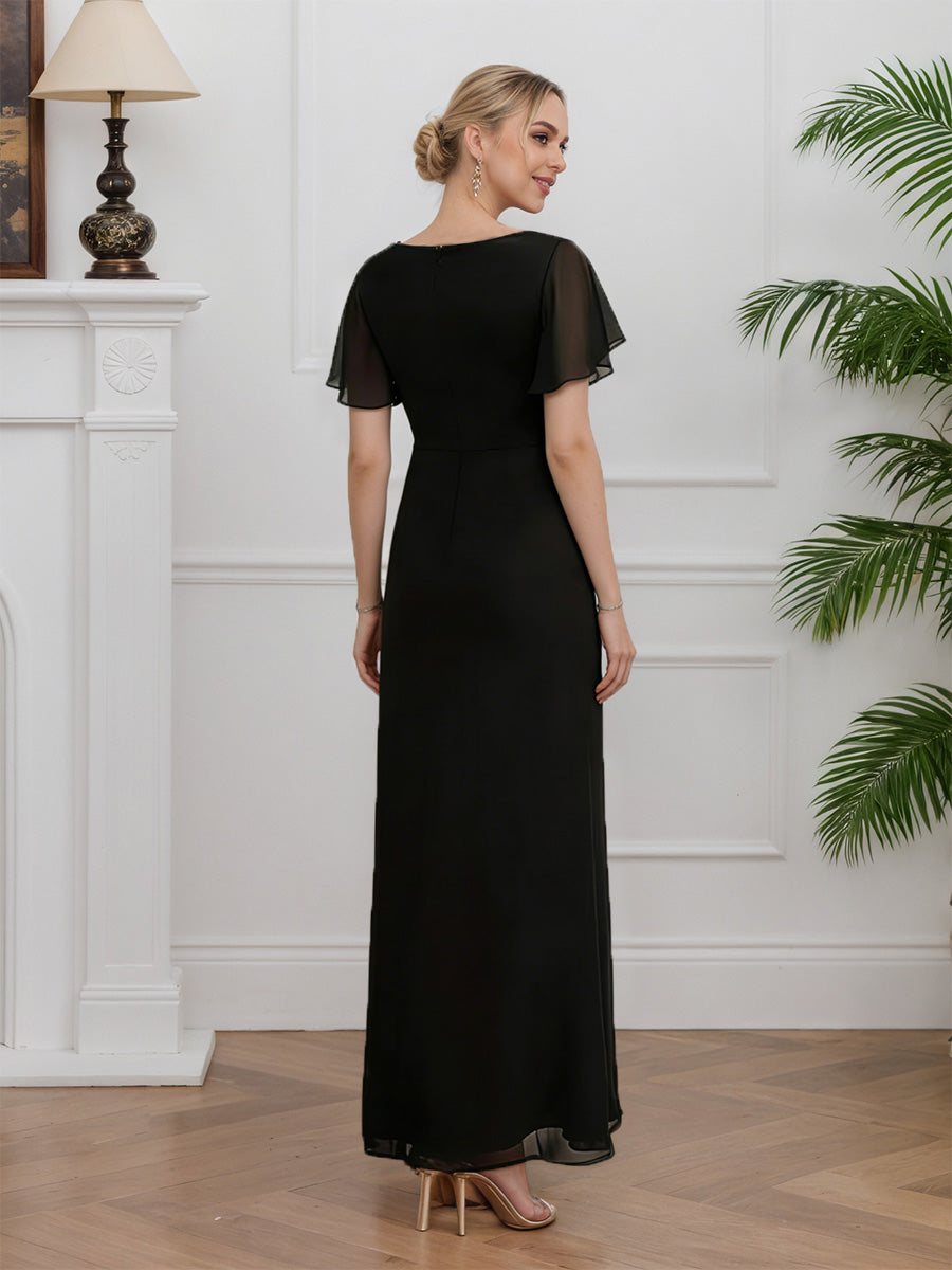 Cicinia Noir Robe pour Mère de la Mariée Longue en Mousseline Fourreau Manches Courtes Col Rond Longueur Sol