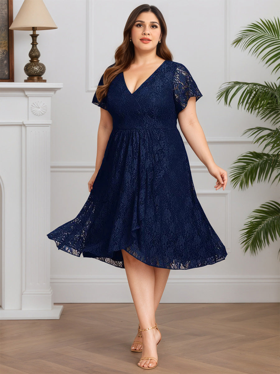 Cicinia Bleu Marine Robe pour Mère de la Mariée Longue en Dentelle A-Line Décolleté en V Longueur Midi (Thé) Grande Taille