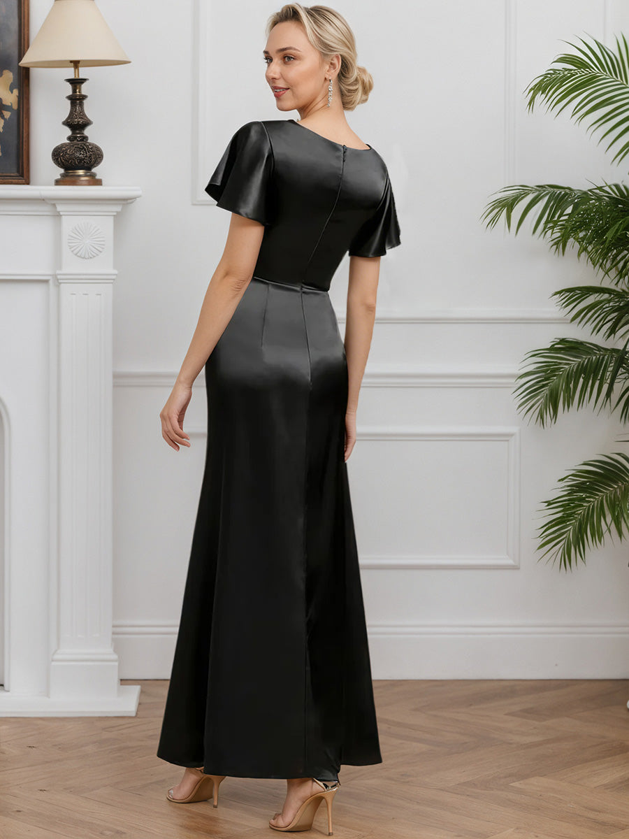 Cicinia Noir Robe pour Mère du Marié Longue en Satin A-Line Manches Courtes Perlé