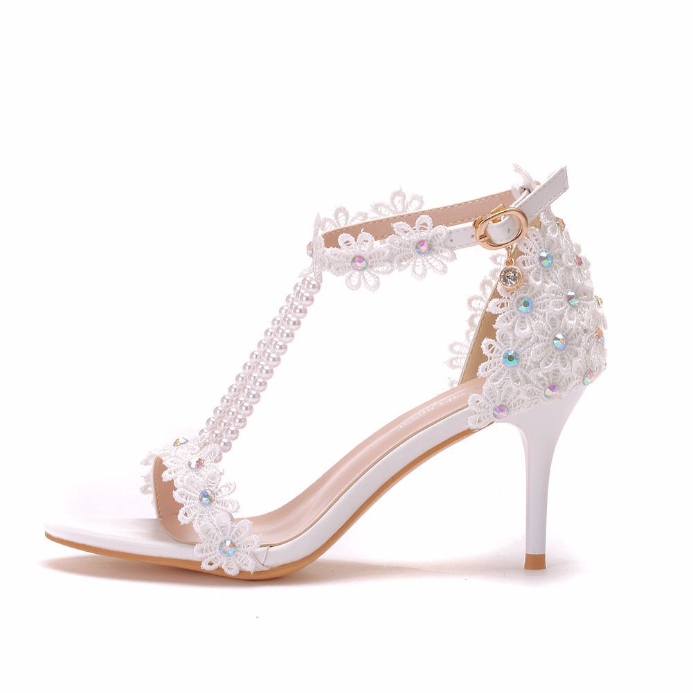 Sandales Femmes chaussures de mariage en dentelle perlée et fleurs