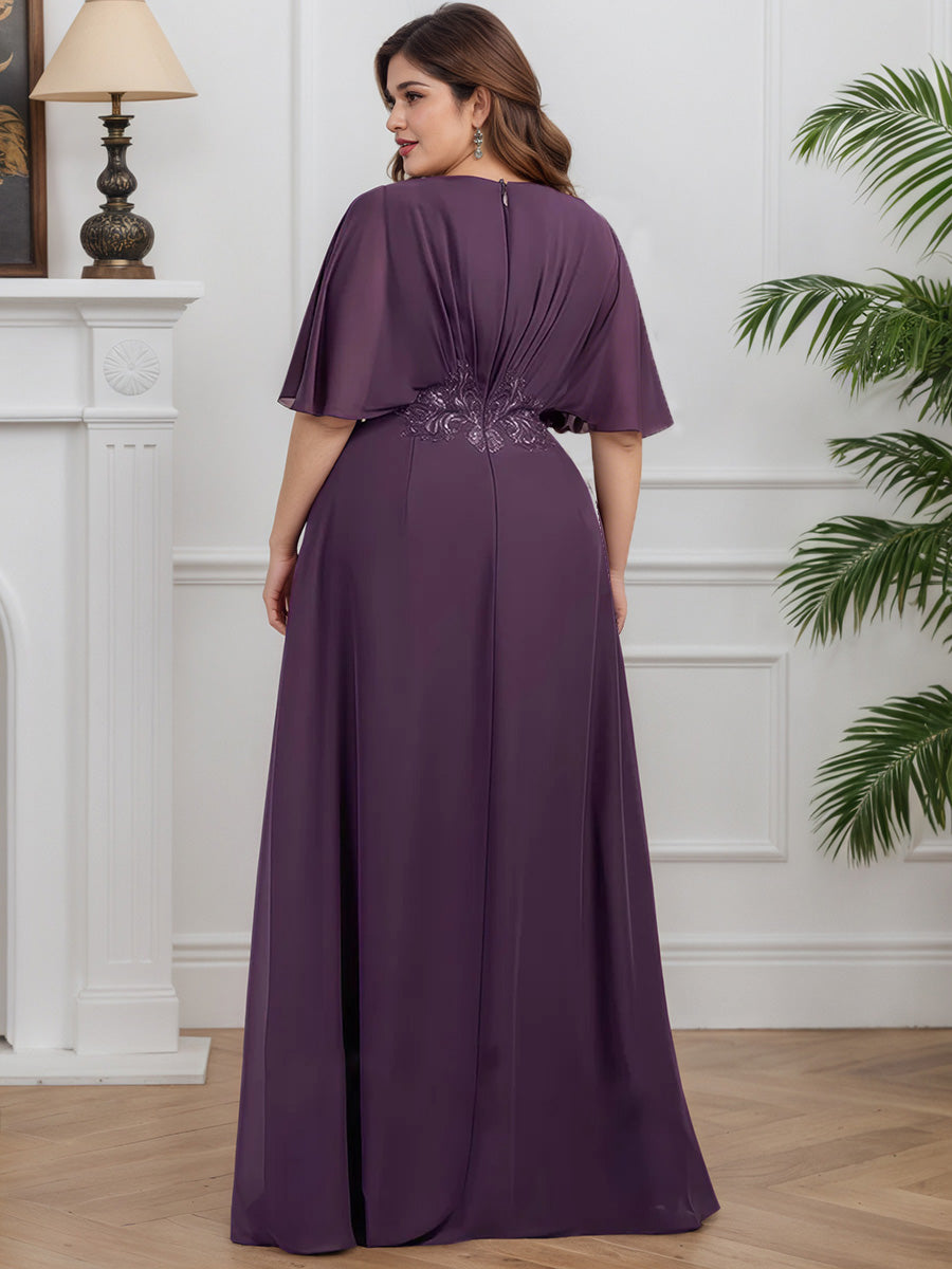 Cicinia Prune Robe pour Mère de la Mariée Longue en Mousseline et Dentelle A-Line Décolleté en V Grand Taille