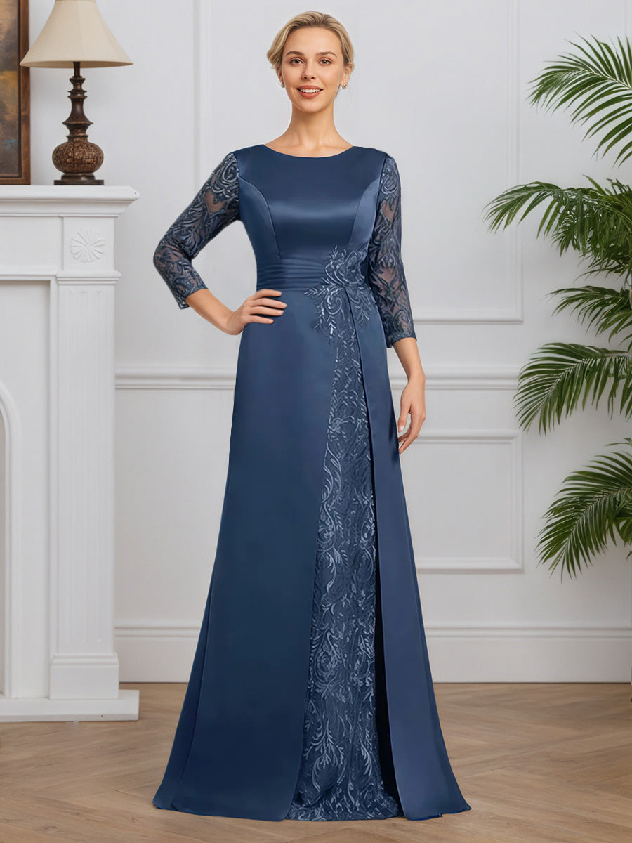 Cicinia Bleu Encre Robe pour Mère de la Mariée Longue en Satin et Dentelle A-Line Manches Trois-Quarts Longueur Sol