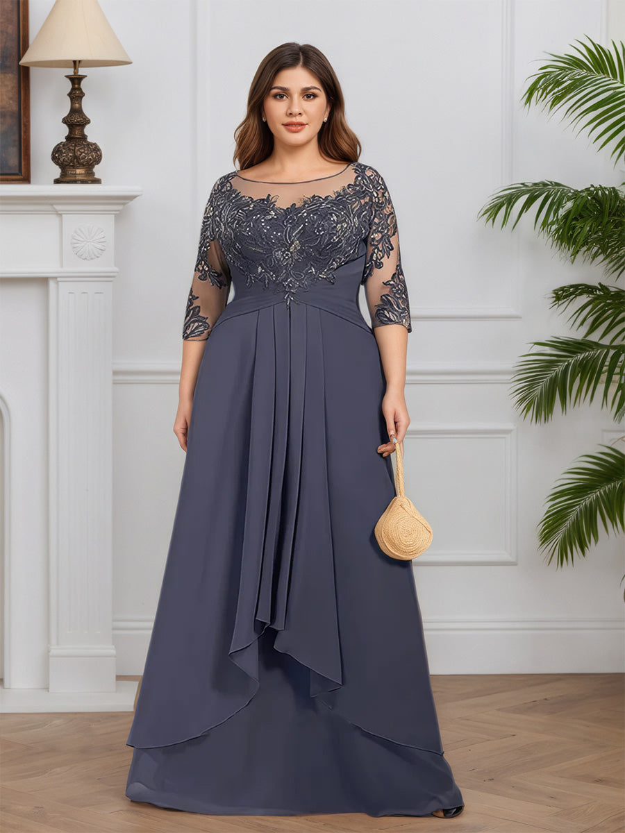 Cicinia Tempête Robe pour Mère de la Mariée Longue en Mousseline et Dentelle A-Line Manches Demi-longues Décolleté en Rond Grande Taille