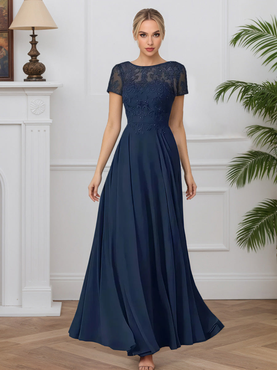 Cicinia Bleu Marine Robe pour Mère de la Mariée Longue en Mousseline et Dentelle A-Line Manches Courtes
