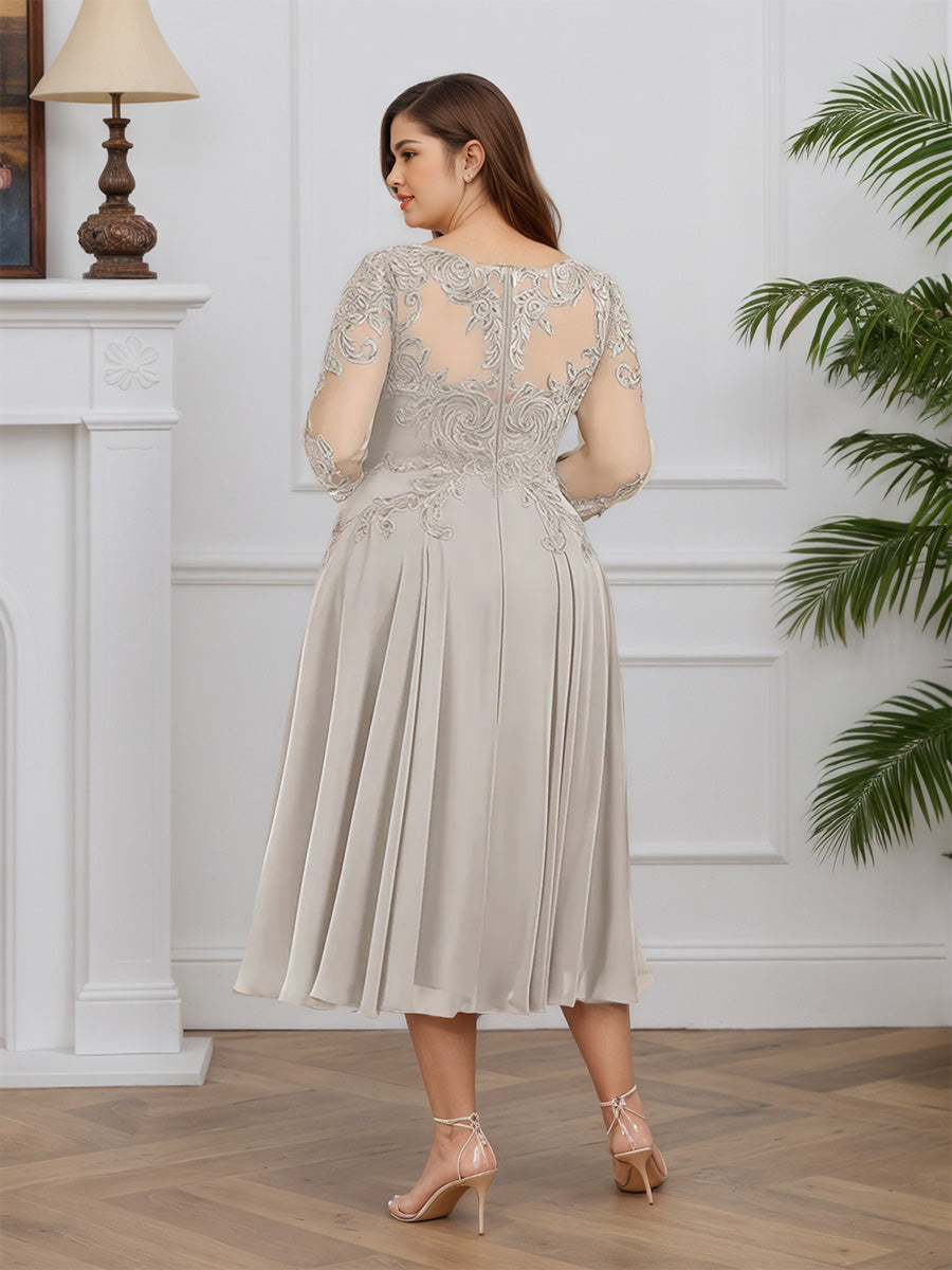 Cicinia Argent Robe pour Mère de la Mariée Longue en Mousseline et Dentelle A-Line Longueur Midi (Thé) Grande Taille