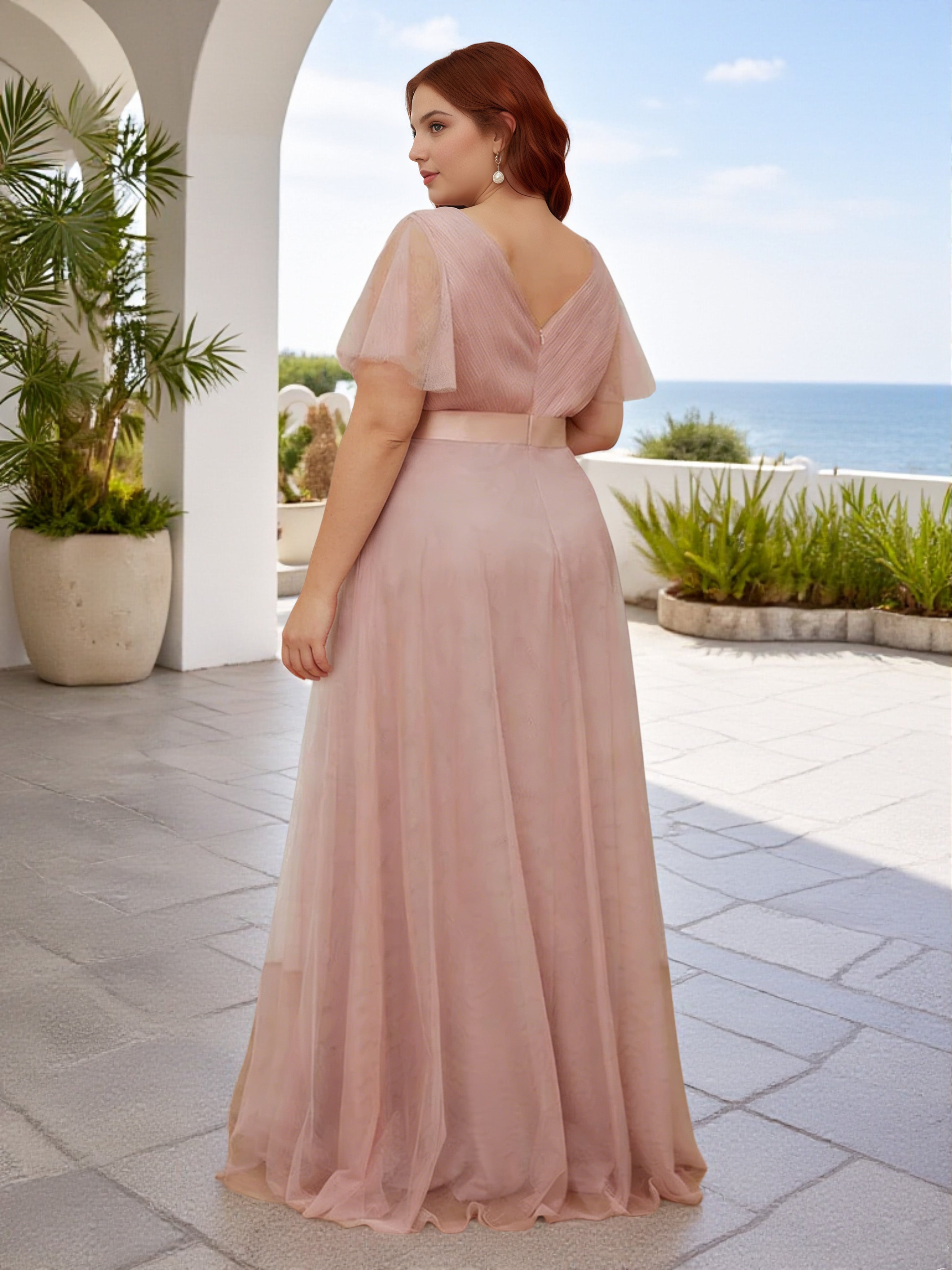 Cicinia Robe Demoiselle d’Honneur Rose Poudrée Longue Double Décolleté en V Manches Courtes Grande Taille