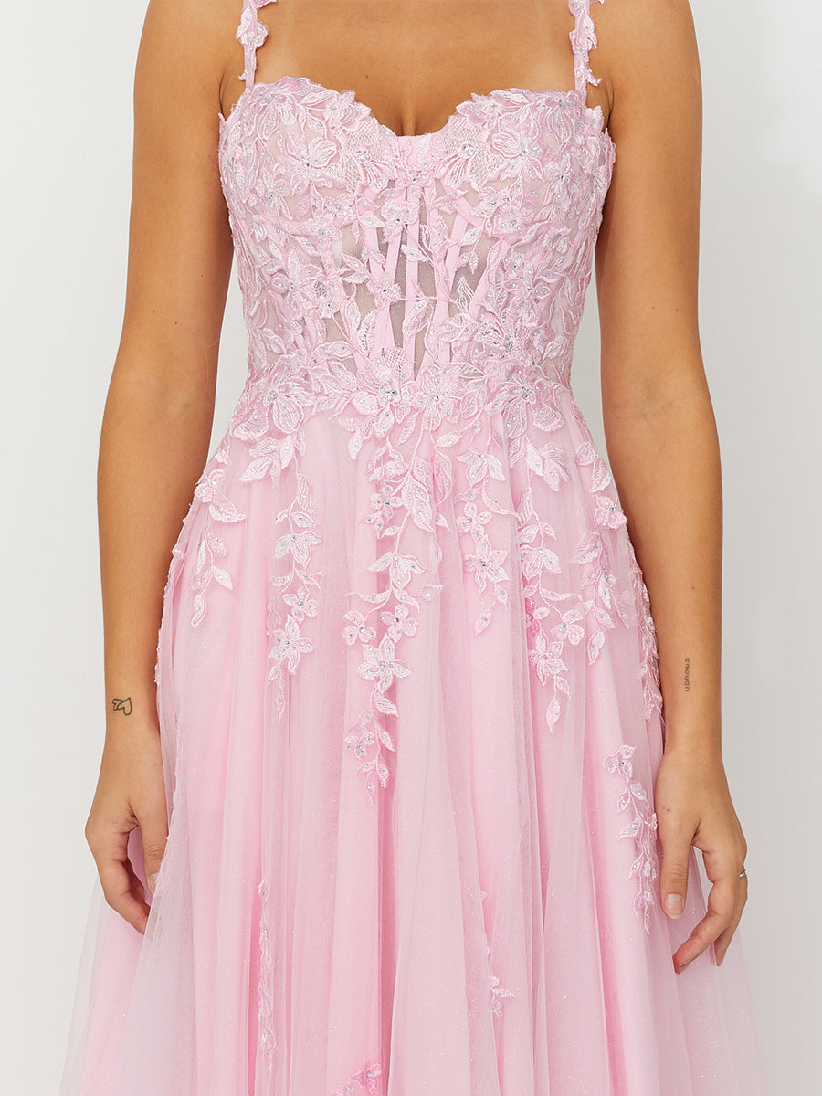Cicinia Rose Perlé Robe de Soirée Longue en Tulle Appliqués Dentelle A-Line Longueur Sol