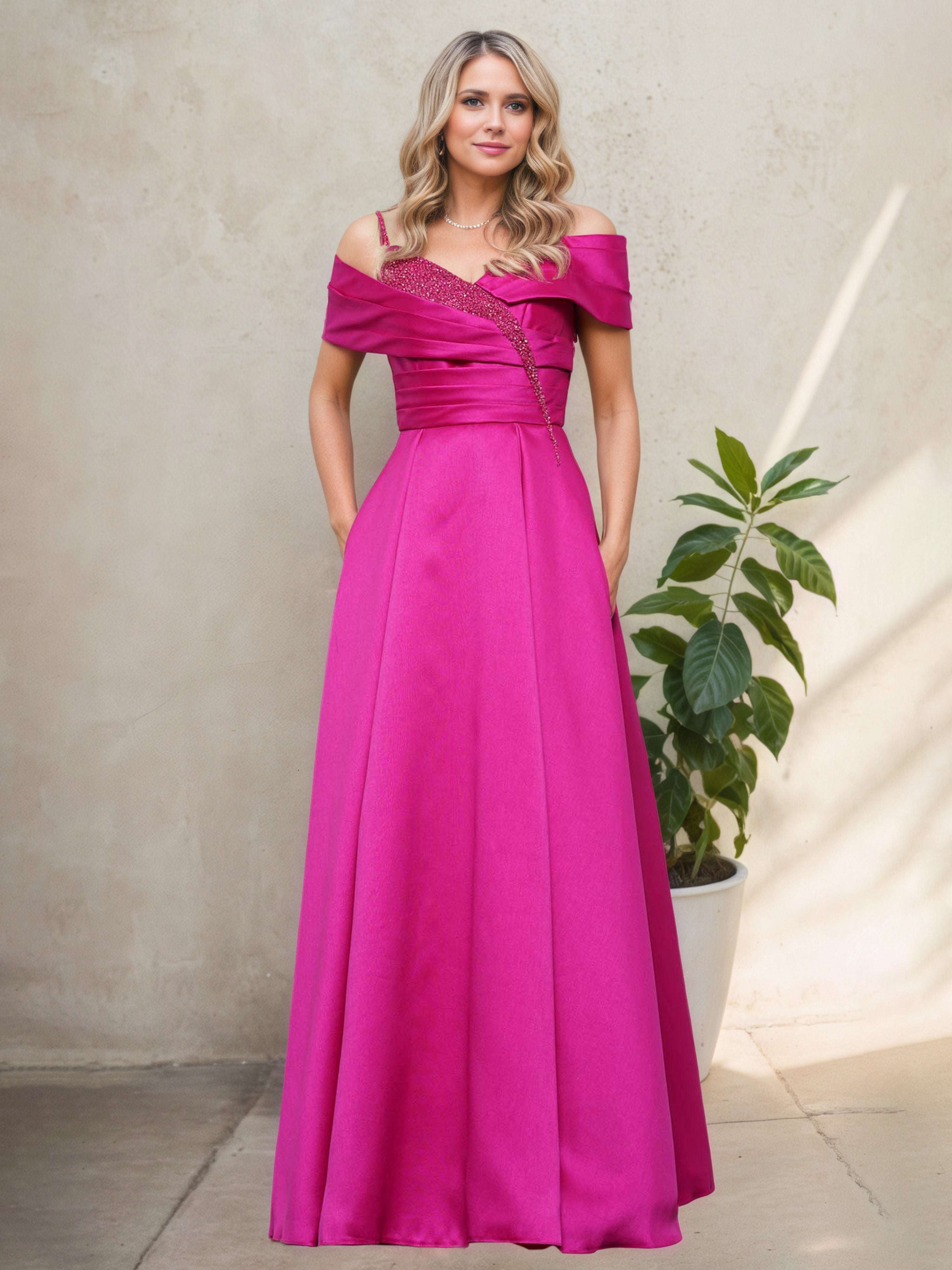 Robe Mère De La Mariée En Satin FUCHSIA À Bretelles Coupe A-Line