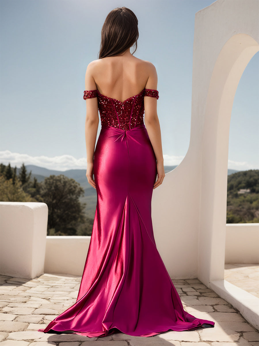 Cicinia Fuchsia Robe de Soirée Longue en Tissu Extensible Fourreau Fente Épaules Dénudées Traîne Balayée