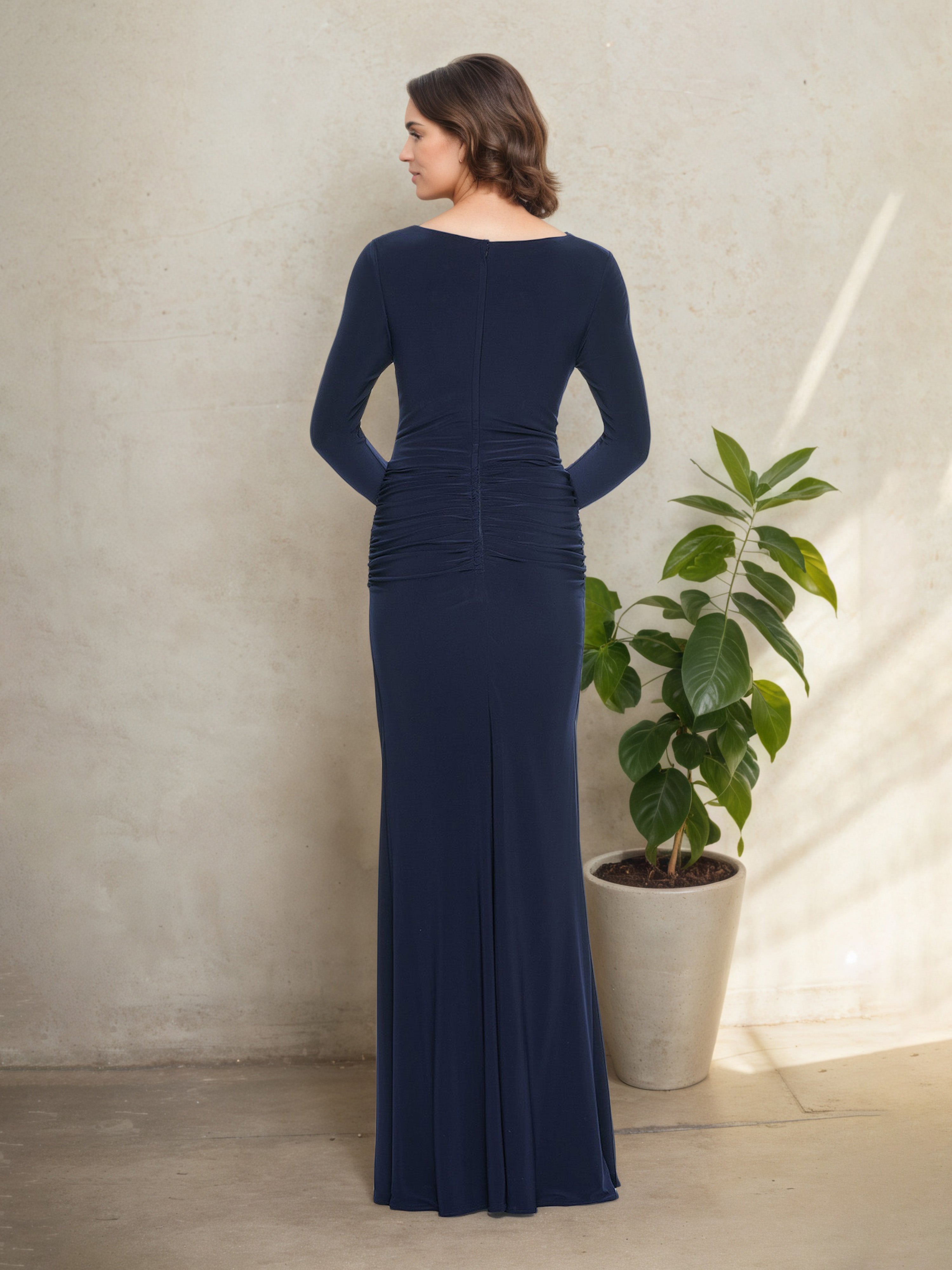 Robe Mère de la Mariée BLEU_MARINE en Drapé Silhouette Sheath à Manches Longues