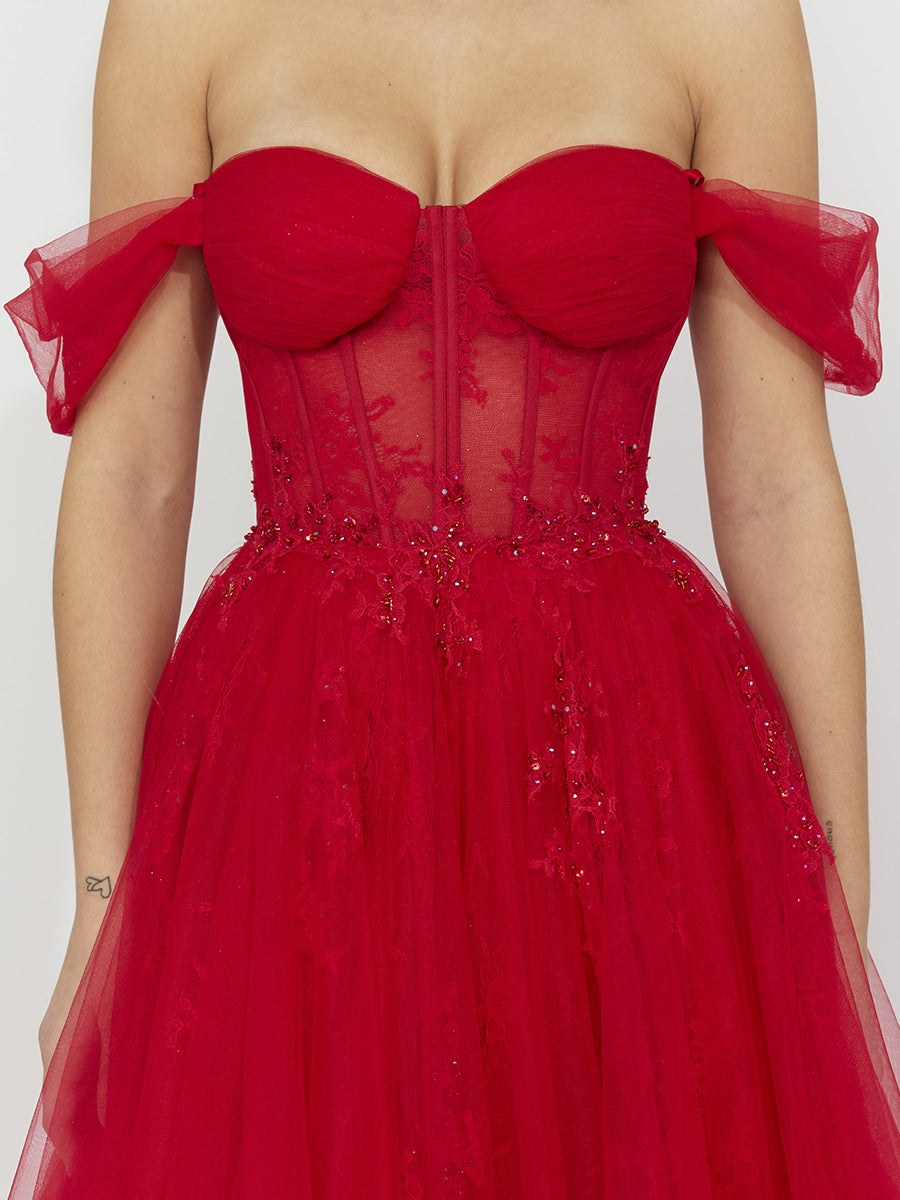 Cicinia Rouge Robe de Soirée Longue en Tulle A-Line Décolleté Une Épaule Longueur Sol